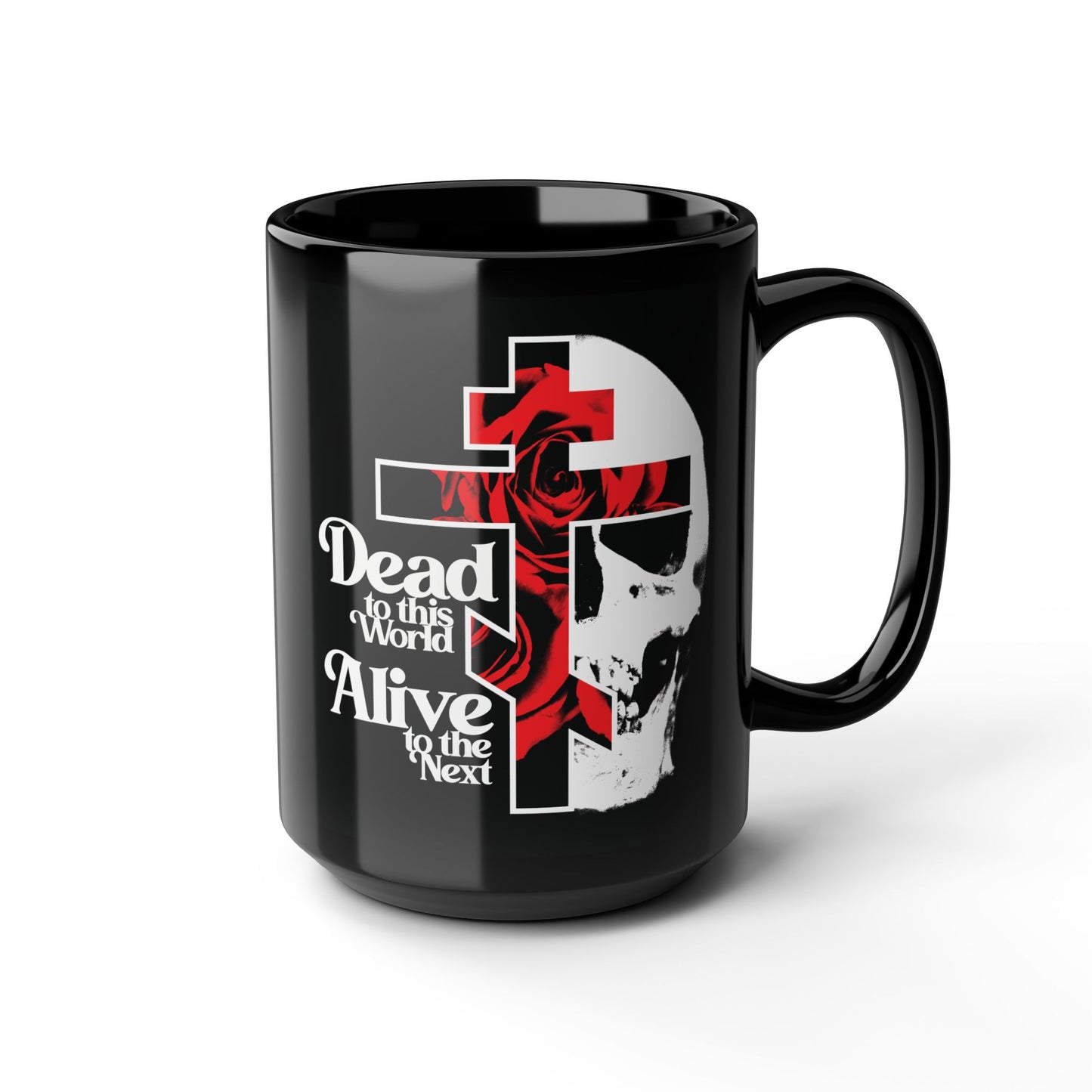 Dead to this World Alive to the Next | Goth Aesthetic Flower Cross & Skull | Orthodox Christian Black Mug
