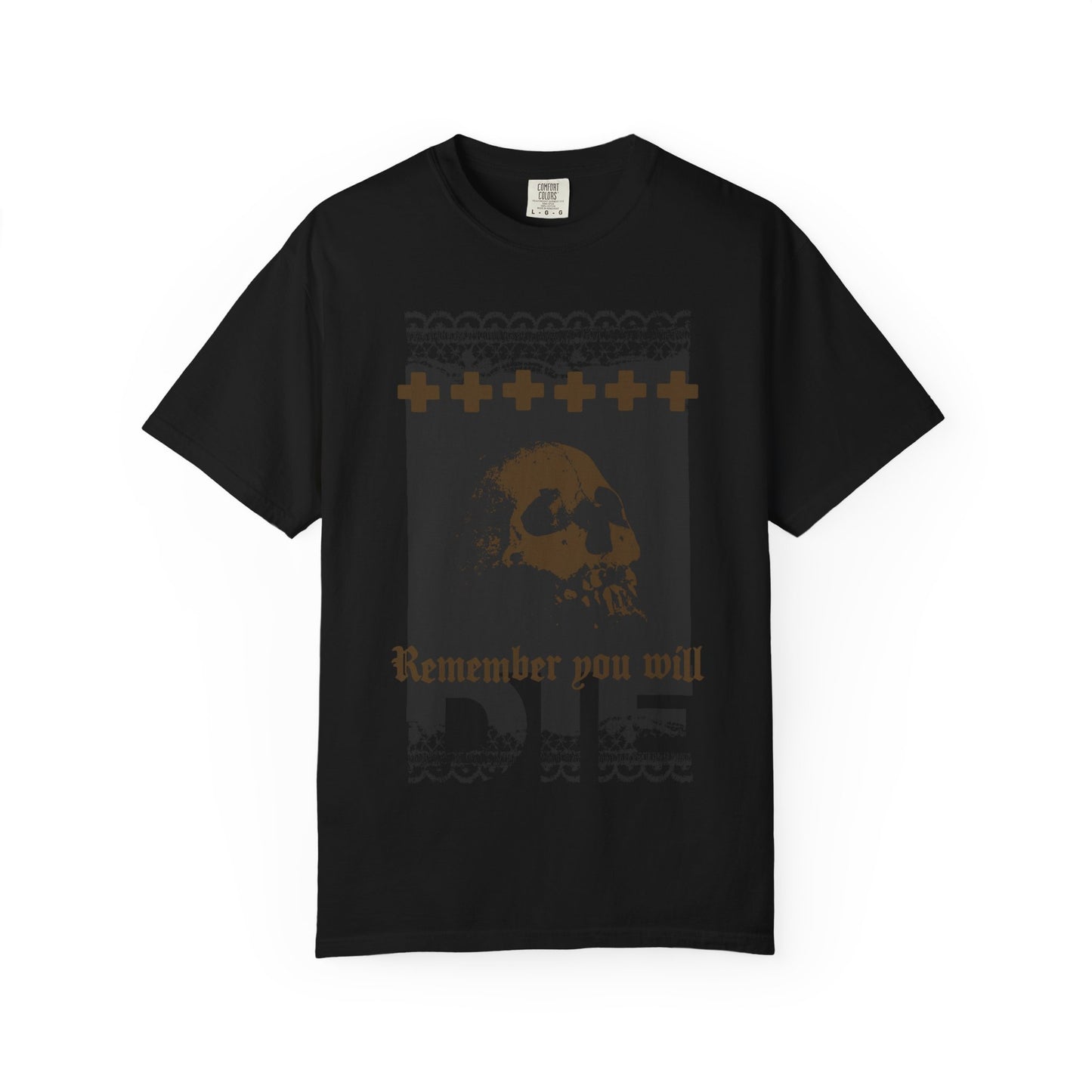 Black & Bronze Remember You Will Die | Skull and Lace Fringes with Small Crosses | Orthodox Heavyweight Cotton Unisex Tee