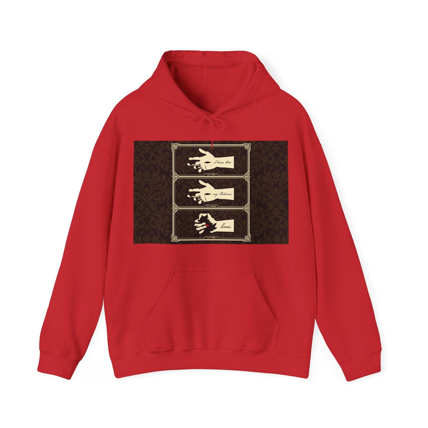 Red "I Know That My Redeemer Lives" hoodie features the Hand of the Crucified Christ in earthtone Americana style, inspired by Job 19:25 and Orthodox Christian themes of resurrection and hope.