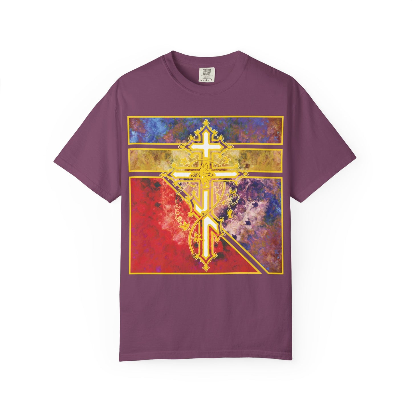 Berry t-shirt featuring an ornate Orthodox cross with vine and textured geometric patterns, inspired by the life-giving Cross where demons perish and faith is renewed through the Prayer to the Venerable Cross.