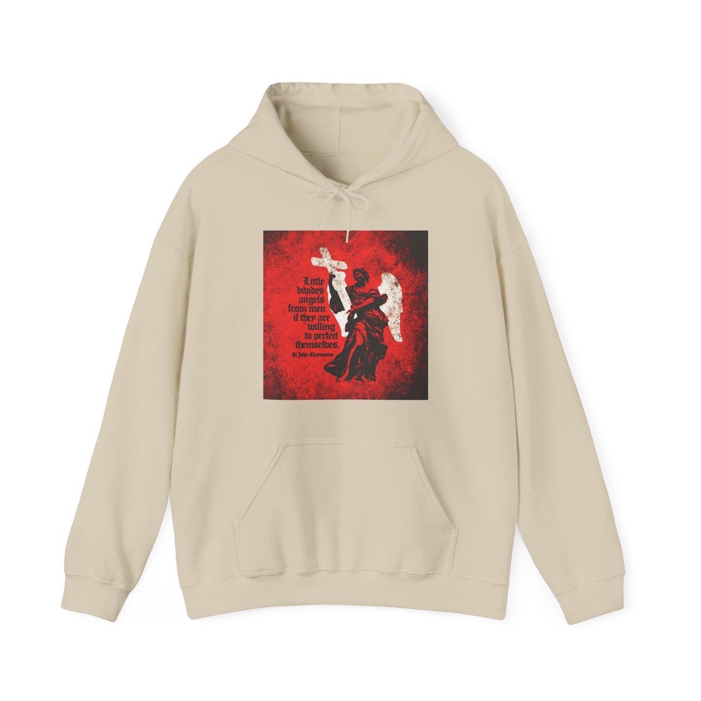 Sand hoodie titled "Little Divides Angels from Men | Christian Perfection | St John Chrysostom" featuring a textured cemetery angel graphic, inspired by Orthodox Christian faith.