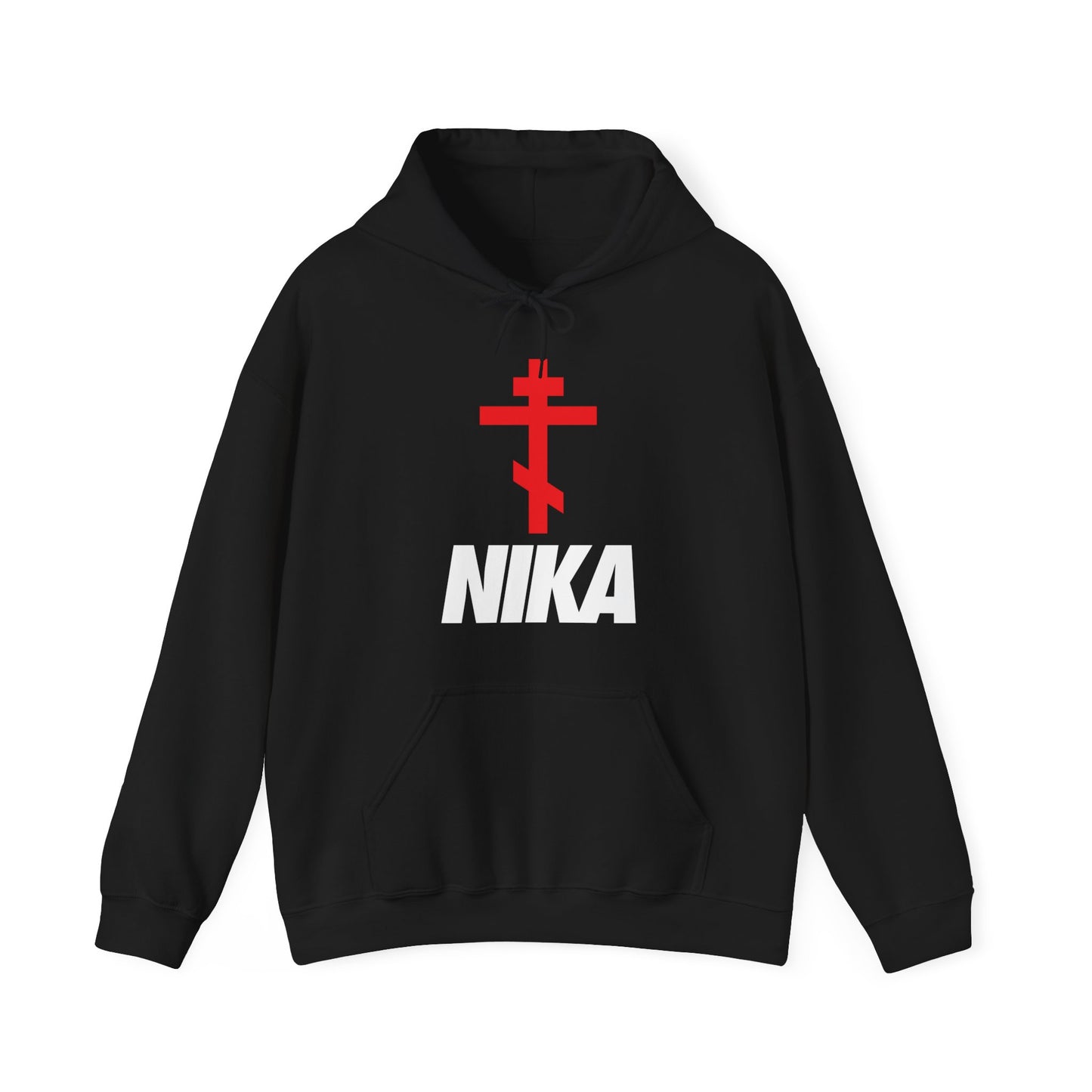 NIKA Red Russian Cross White Text | NIKE Logo Mashup | Minimalist Corporate Sports Logo Aesthetic | Orthodox Christian Hoodie / Hooded Sweatshirt-Black-S-Remembrance of Death