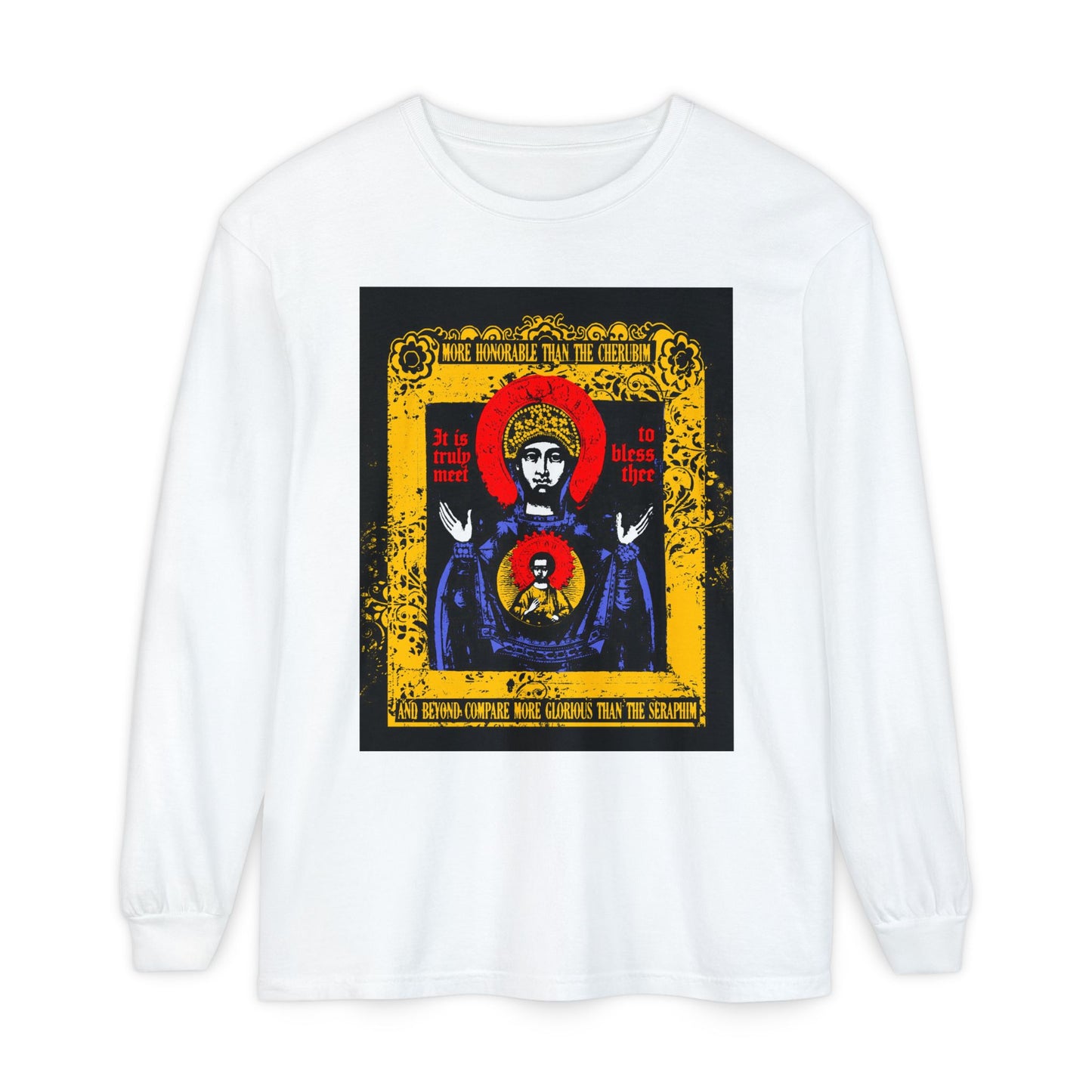It is Truly Meet To Bless Thee Iconographic | Axion Estin Hymn to the Mother of God Theotokos | Orthodox Christian Long Sleeve Shirt