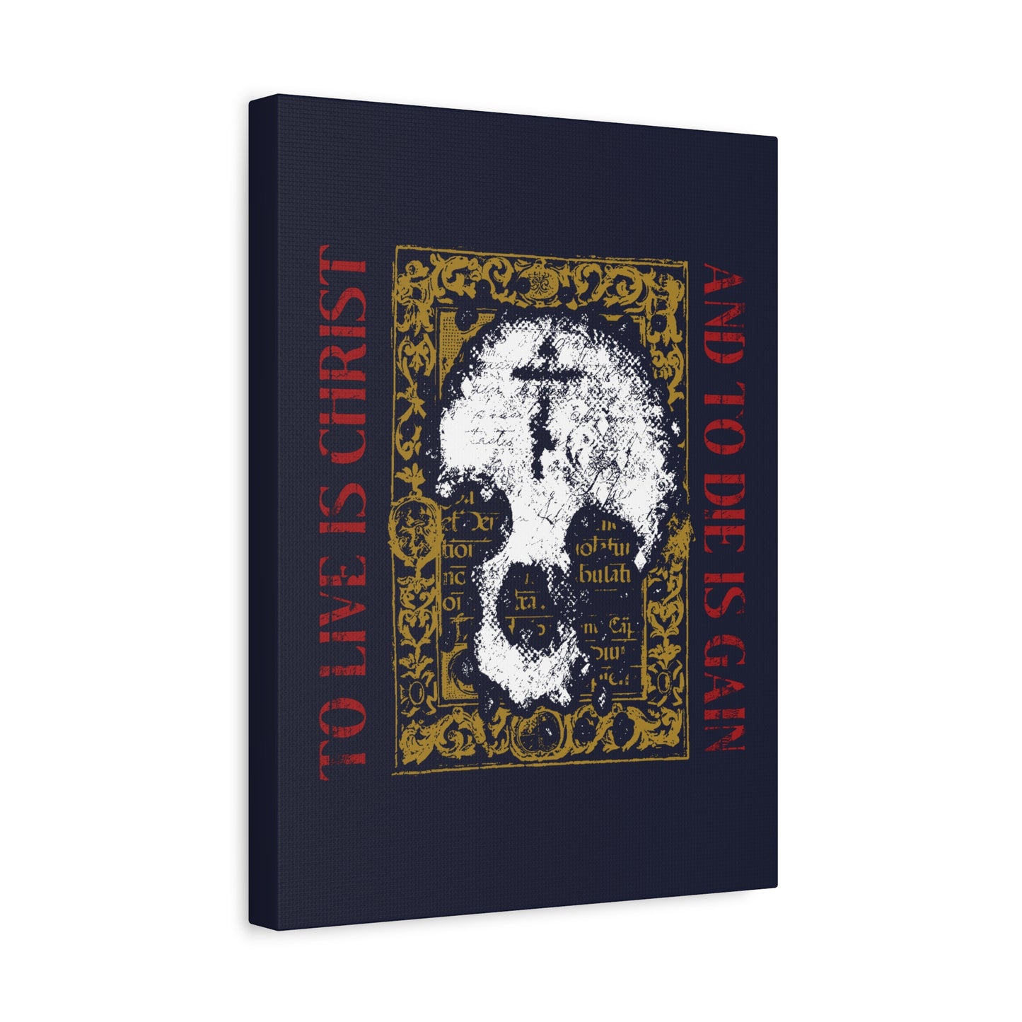 To Live is Christ, to Die is Gain (Philippians 1:21) | Skull with Cross on Gold Manuscript Texture | Orthodox Christian Canvas Art