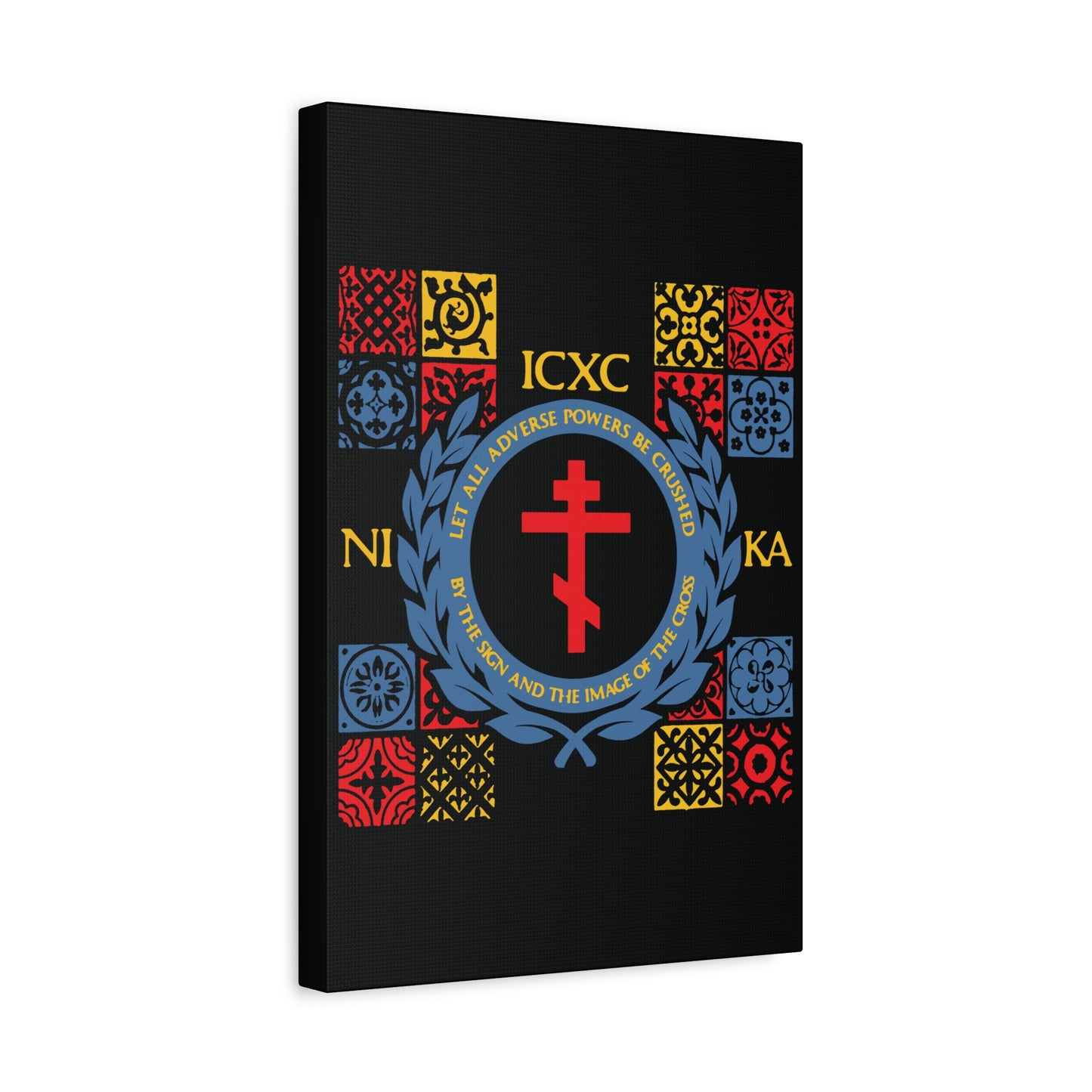 Let All Adverse Powers Be Crushed (Red, Yellow & Blue Design) | ICXC NIKA | Medieval Tile Design | Orthodox Christian Canvas Art