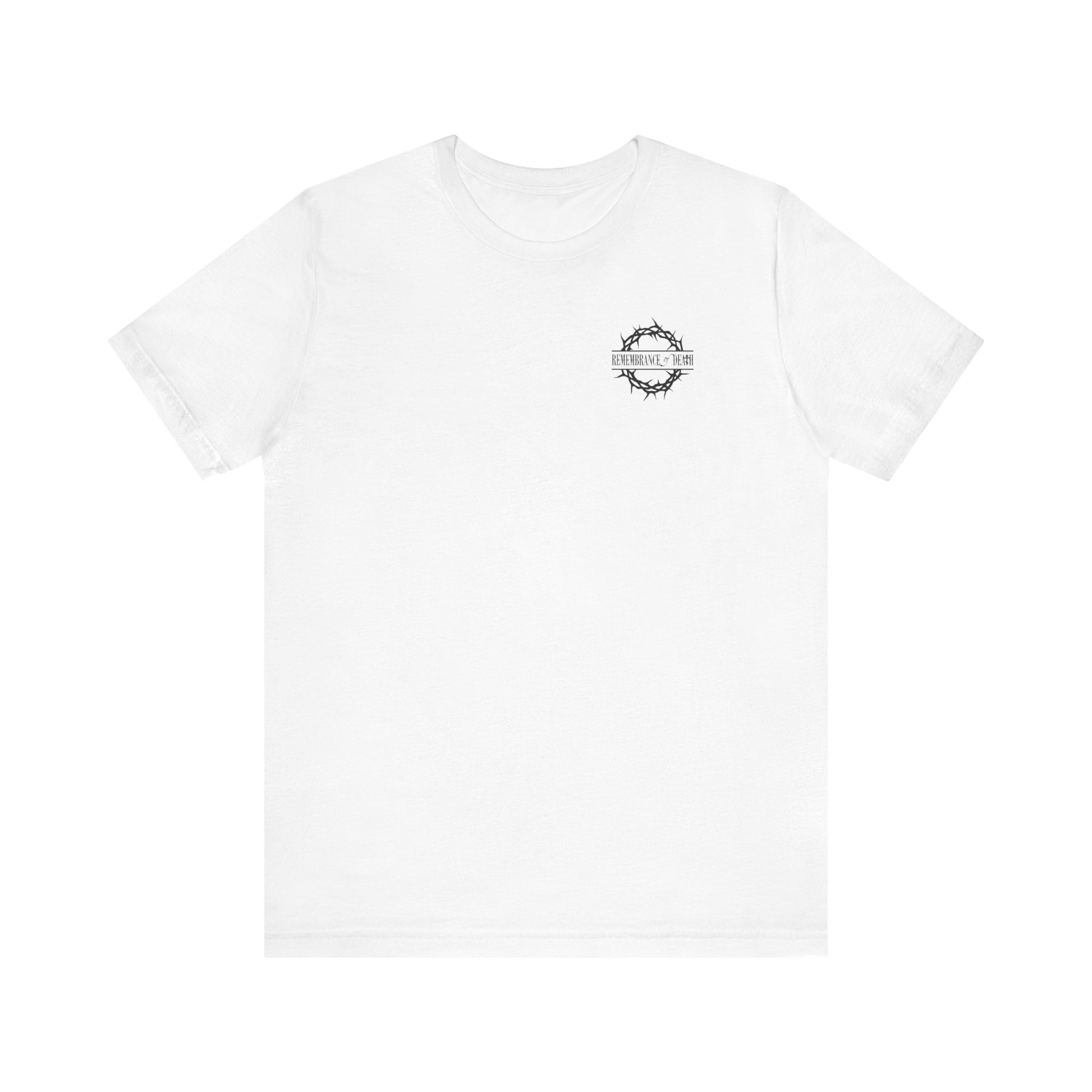 White BACK PRINT 2-sided Orthodox Christian T-shirt featuring a small black thorn wreath and text logo on the left chest, inspired by the Ladder of Divine Ascent; back has goth flower cross, skull, and 70s typography.