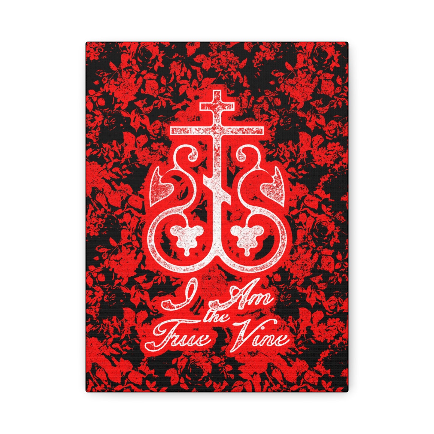 I Am the True Vine (John 15:1) | Orthodox Cross Vine Monogram | Red and Black Floral Design | Orthodox Christian Canvas Art