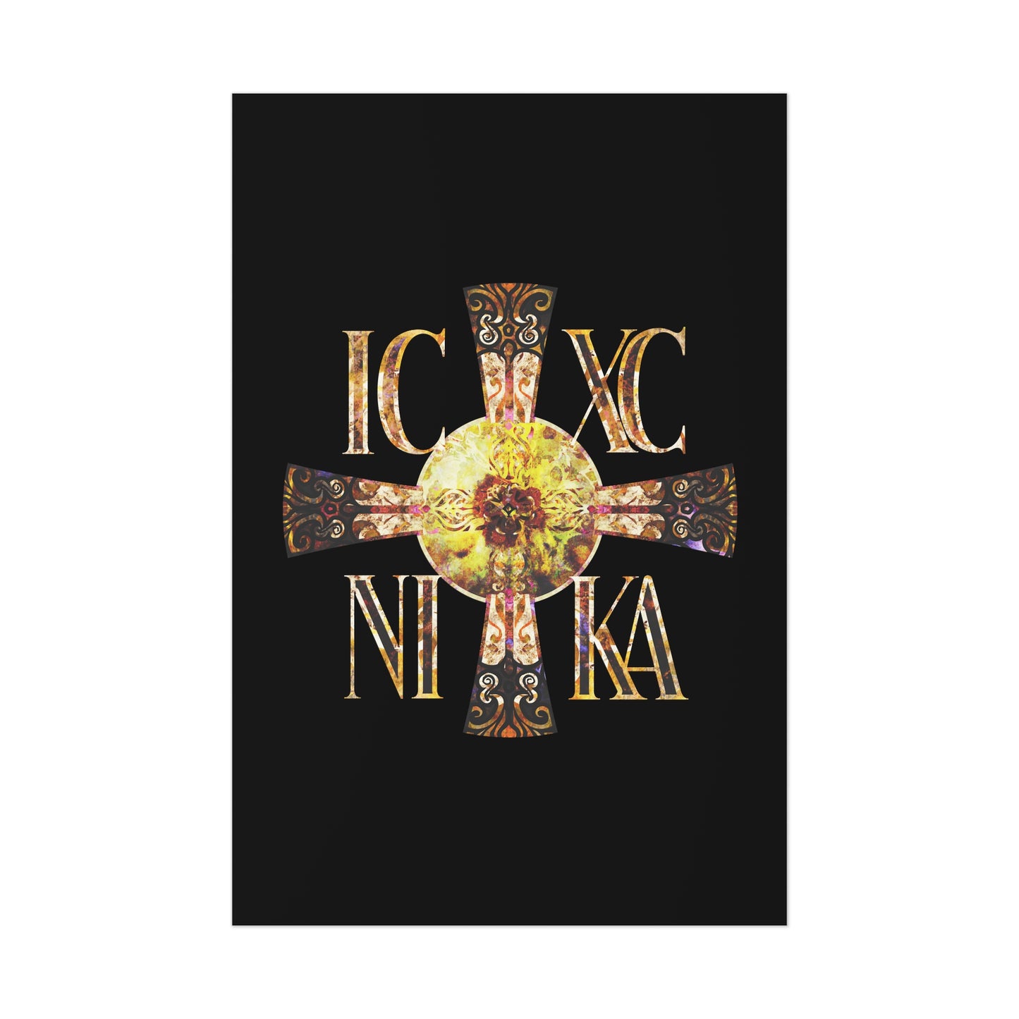 ICXC NIKA Celtic Style Equal Armed Cross | Bright Solar Texture | Orthodox Christian Art Poster