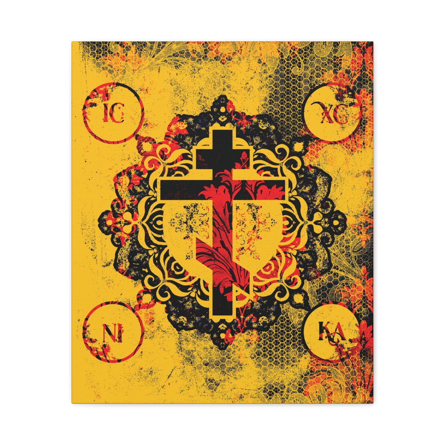IC XC NIKA Orthodox Cross | Yellow & Red Modern & Medieval Textured Floral Design | Orthodox Christian Canvas Art