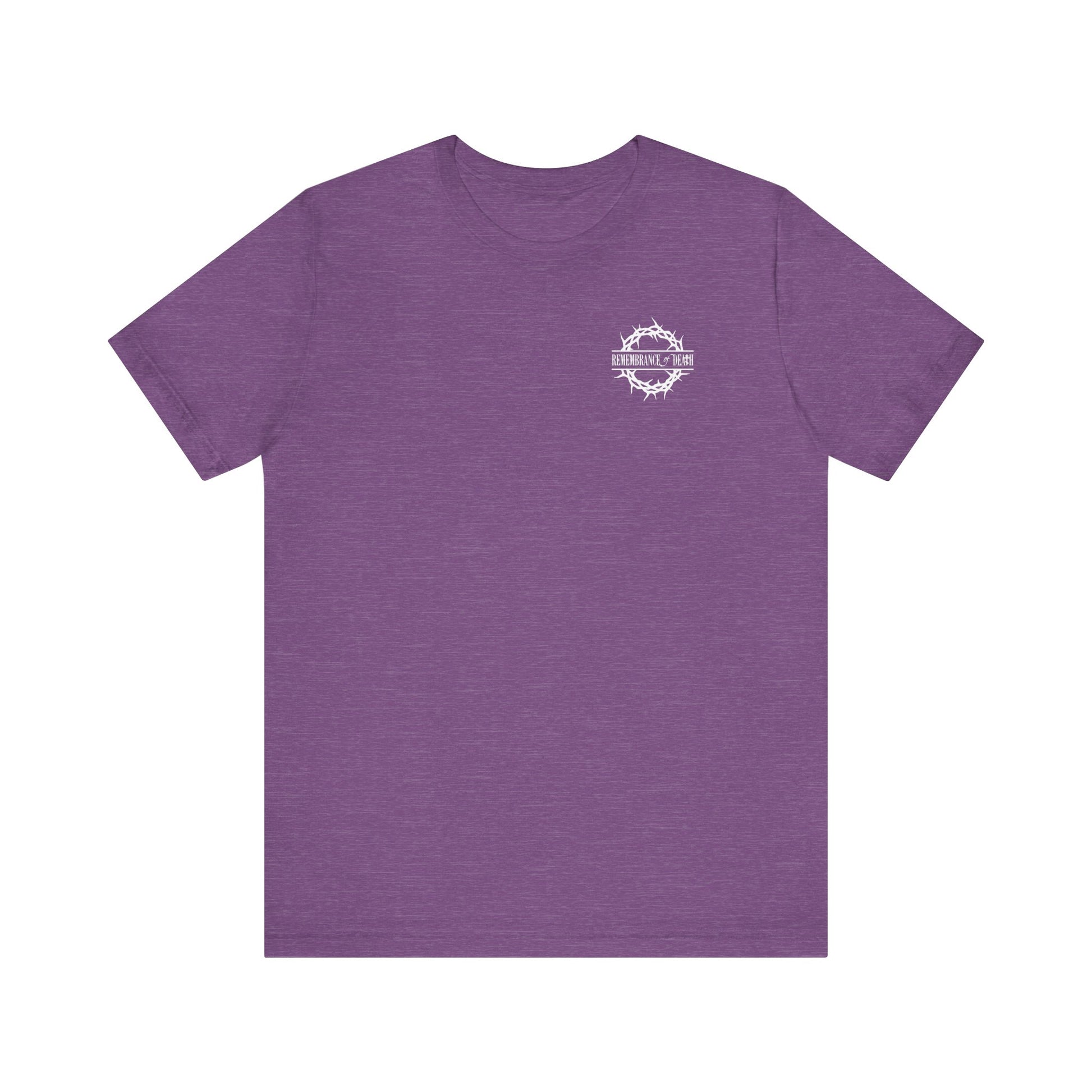 Purple BACK PRINT 2-sided t-shirt with a small white branded logo and text on the upper left chest, featuring Christian goth flower cross & skull 70s typography, inspired by the Ladder of Divine Ascent.
