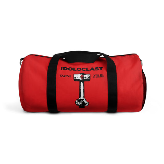 The Idoloclast Idol-Smasher Orthodox Christian gym duffel bag features a Jesus NIKA fist with sledgehammer graphic on red, boldly urging you to "Smash Your Passions" and break free from modern distractions.