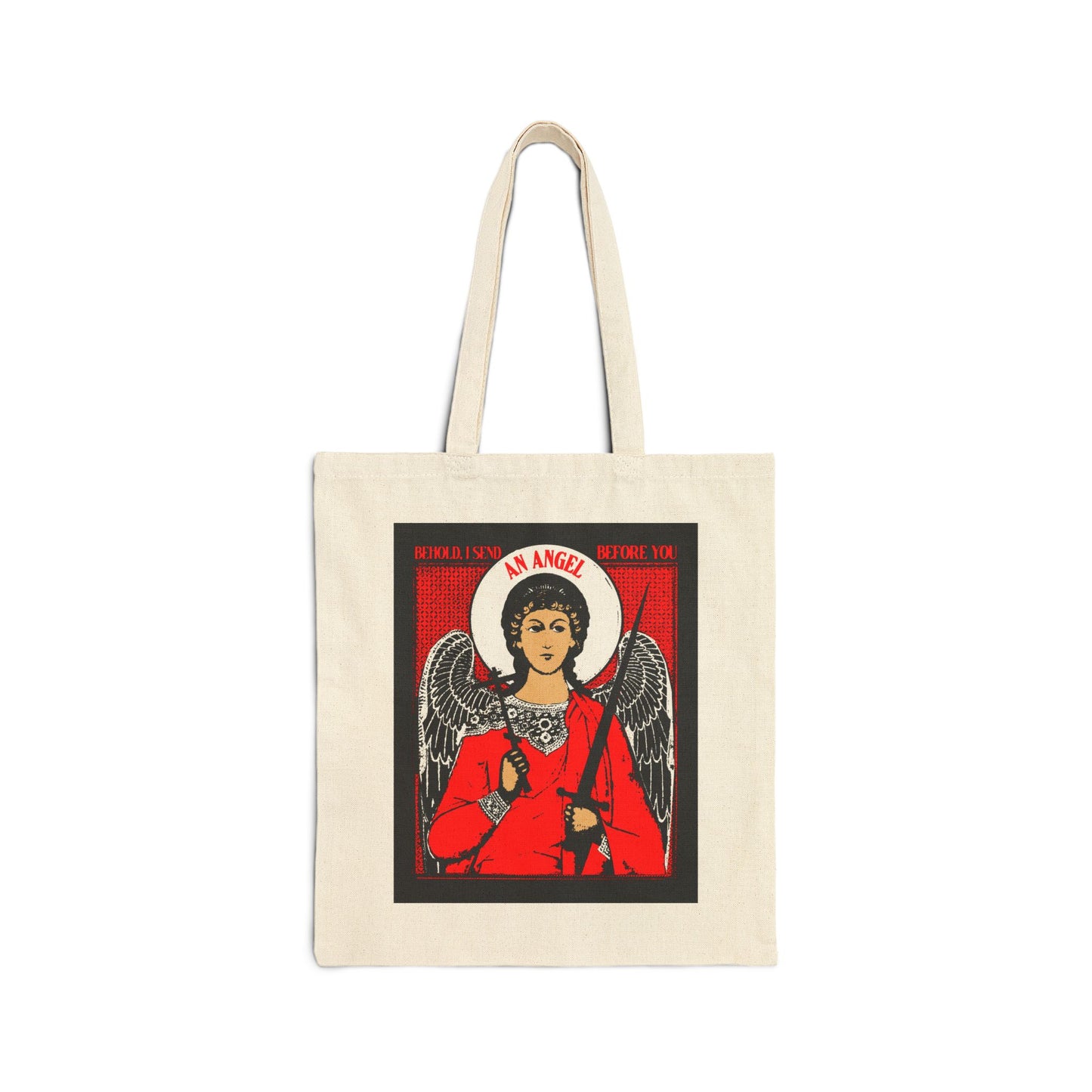 Behold I Send an Angel Before You (Ex 23:20) | Guardian Angel With Cross & Sword IconoGraphic | Orthodox Christian Canvas Tote Bag