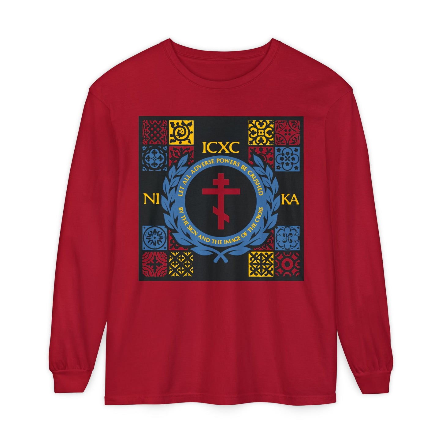 Let All Adverse Powers Be Crushed (Red, Yellow & Blue Design) | ICXC NIKA | Medieval Tile Design | Orthodox Christian Long Sleeve Shirt