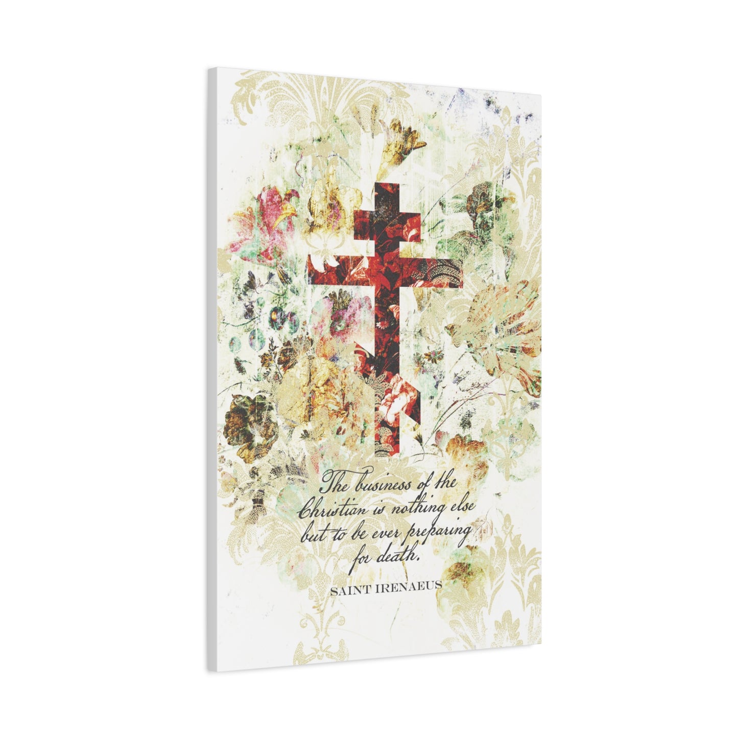 Preparing For Death | White & Beige Floral Scrapbook Texture Cross | Arts & Crafts Style | St Irenaeus | Orthodox Christian Canvas Art