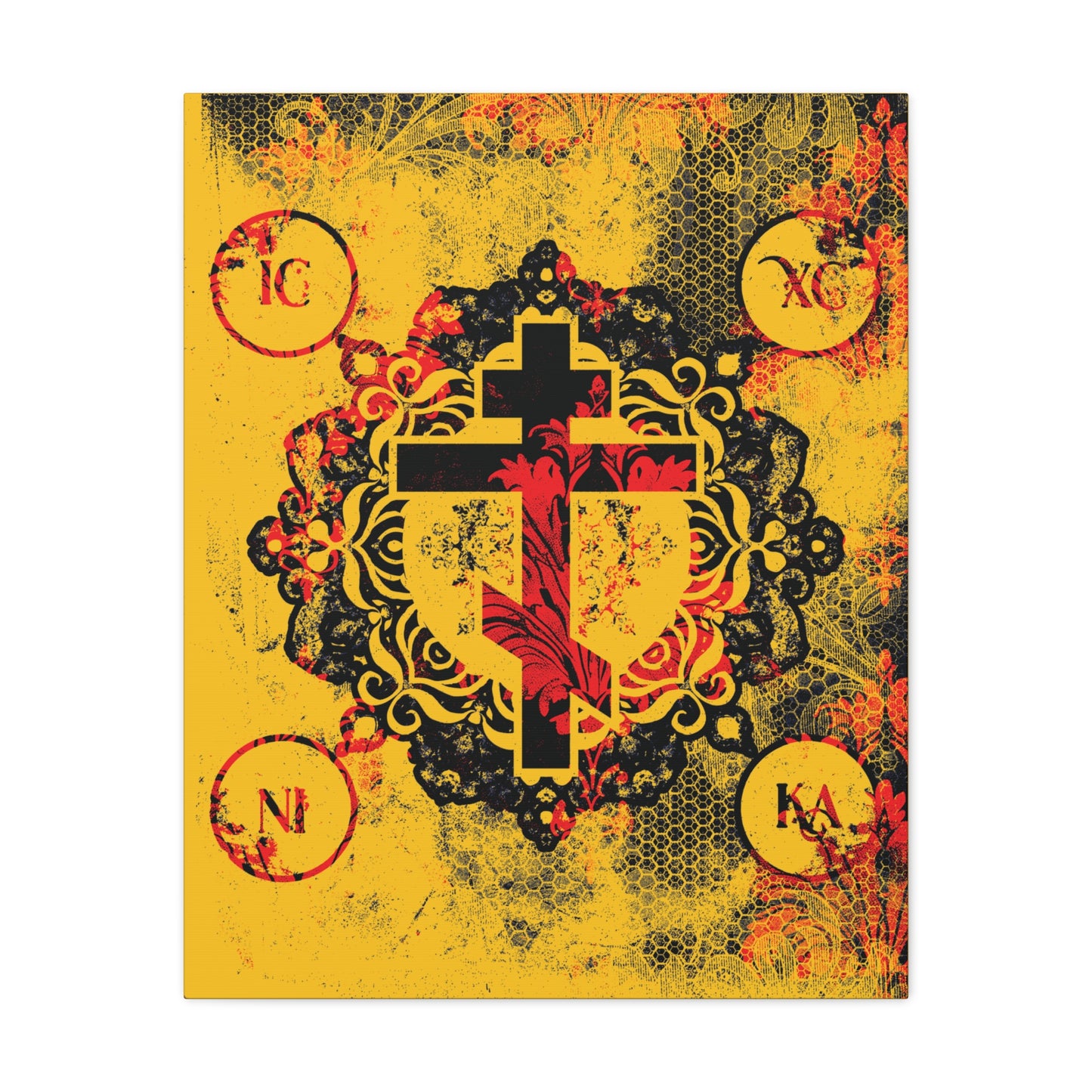 IC XC NIKA Orthodox Cross | Yellow & Red Modern & Medieval Textured Floral Design | Orthodox Christian Canvas Art