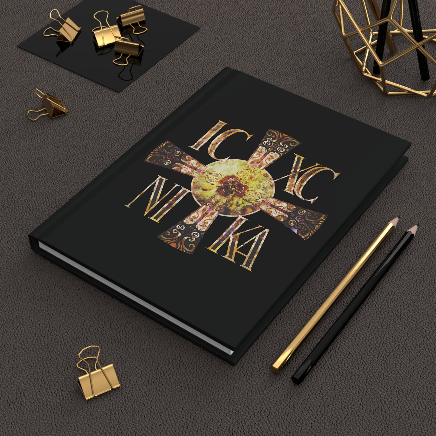 ICXC NIKA Celtic Style Equal Armed Cross | Bright Solar Texture | Orthodox Christian Hardcover Journal