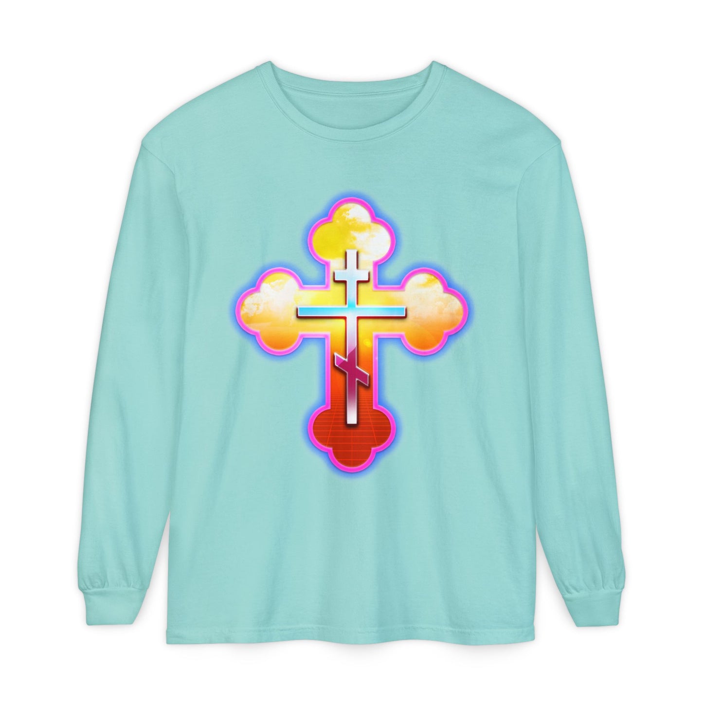 80s Synthwave Retrowave Outrun Aesthetic | Glowing & Reflective Gold & Red Three-Bar Cross | Orthodox Christian Cotton Long Sleeve Shirt