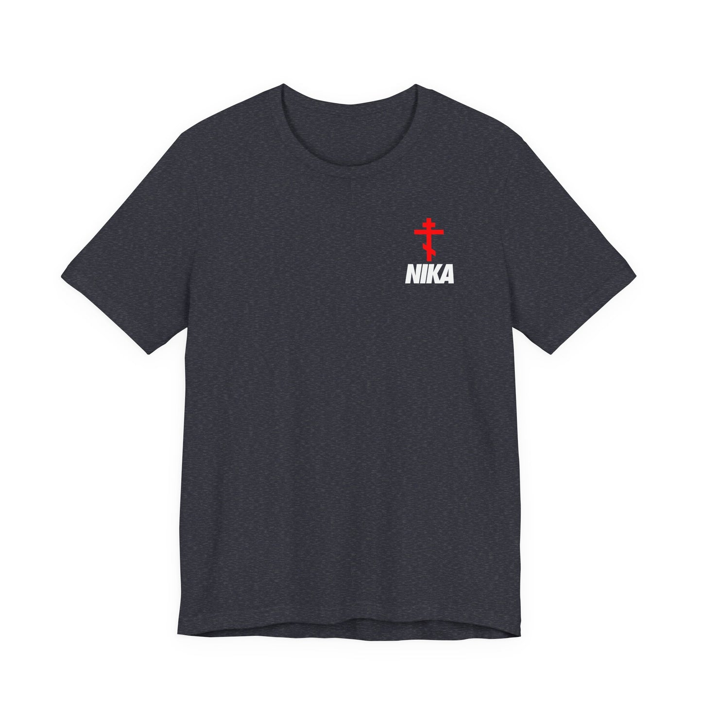 Heather Navy t-shirt featuring a small white Orthodox cross and bold NIKA text in a Nike-inspired mashup on the upper left chest—symbolizing "Jesus Christ Conquers." Athletic ascetic style for Christian fashion.