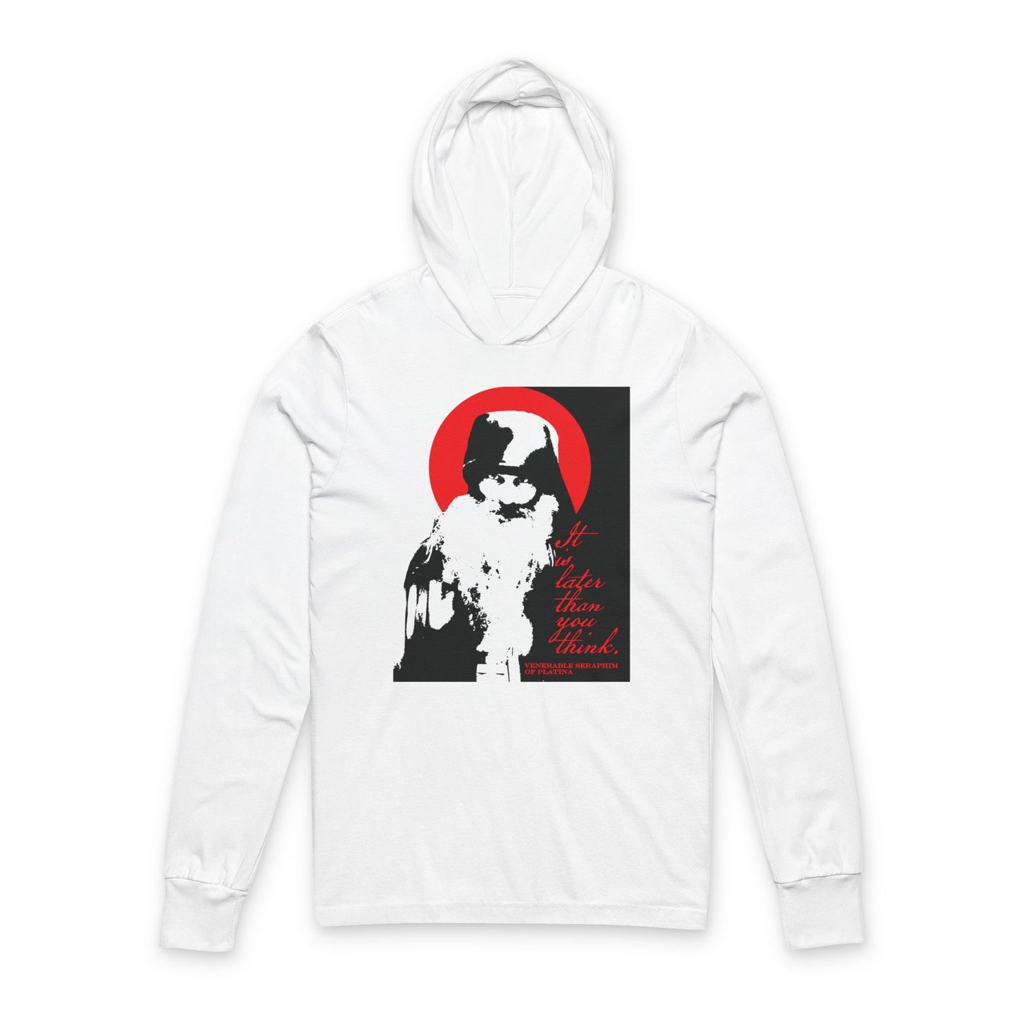 Remembrance of Death “It’s Later Than You Think” hooded shirt features Fr Seraphim Rose, with a bearded saint, red halo, and memento mori message—a modern Orthodox design in black, white, and red for spiritual reflection.