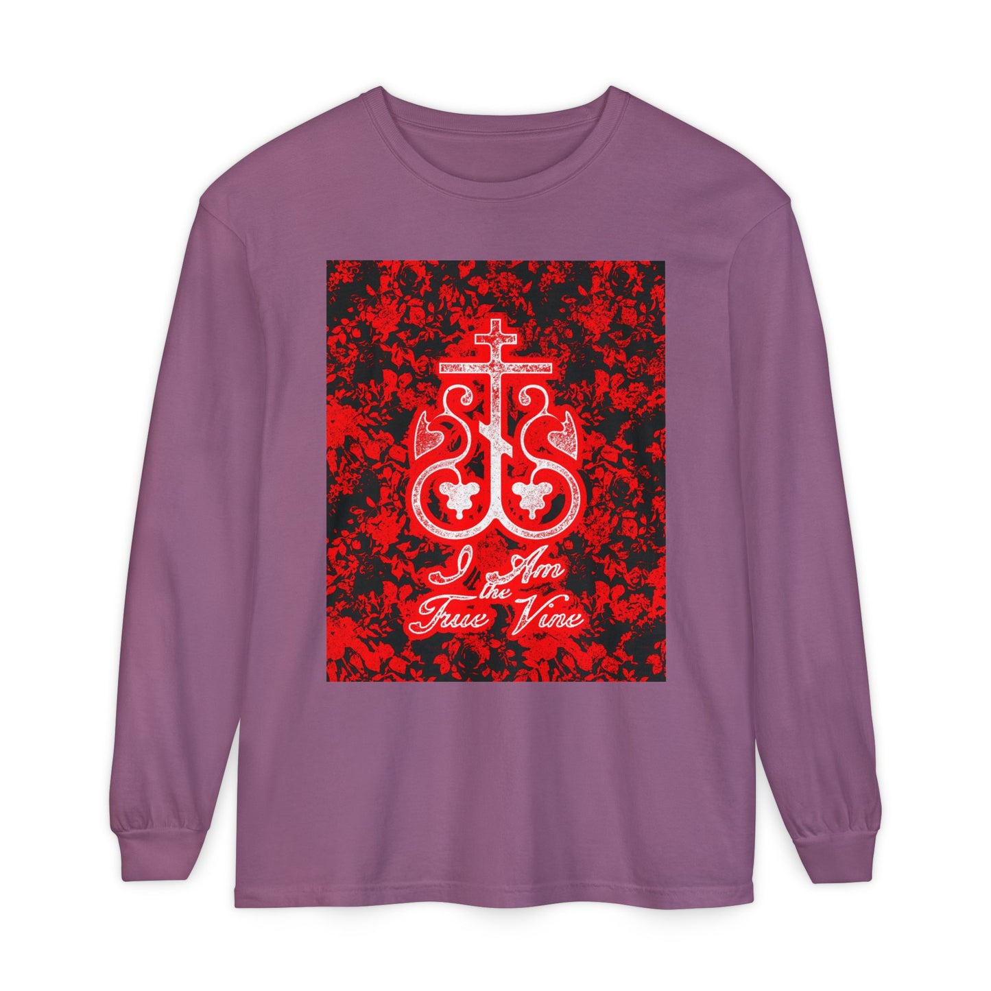 I Am the True Vine (John 15:1) | Orthodox Cross Vine Monogram | Red and Black Floral Design | Orthodox Christian Long Sleeve Shirt