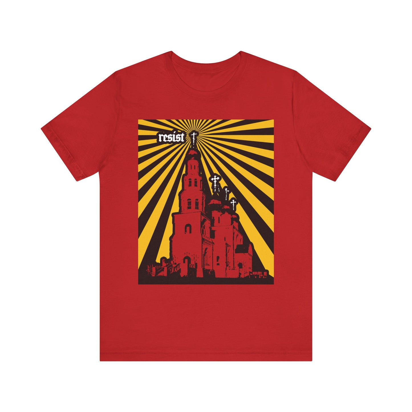 Red "Resist (Orthodoxy Against the World)" t-shirt—this Christian lightweight cotton unisex tee features a bold church graphic with yellow rays, crosses, and the word "RESIST" in striking white letters at the top. Inspired by St. Ignatius Brianchaninov's call to stand firm against the spirit of the age and apostasy, it's an eye-catching statement piece that proclaims "The Orthodox Church is a Beacon for the World.