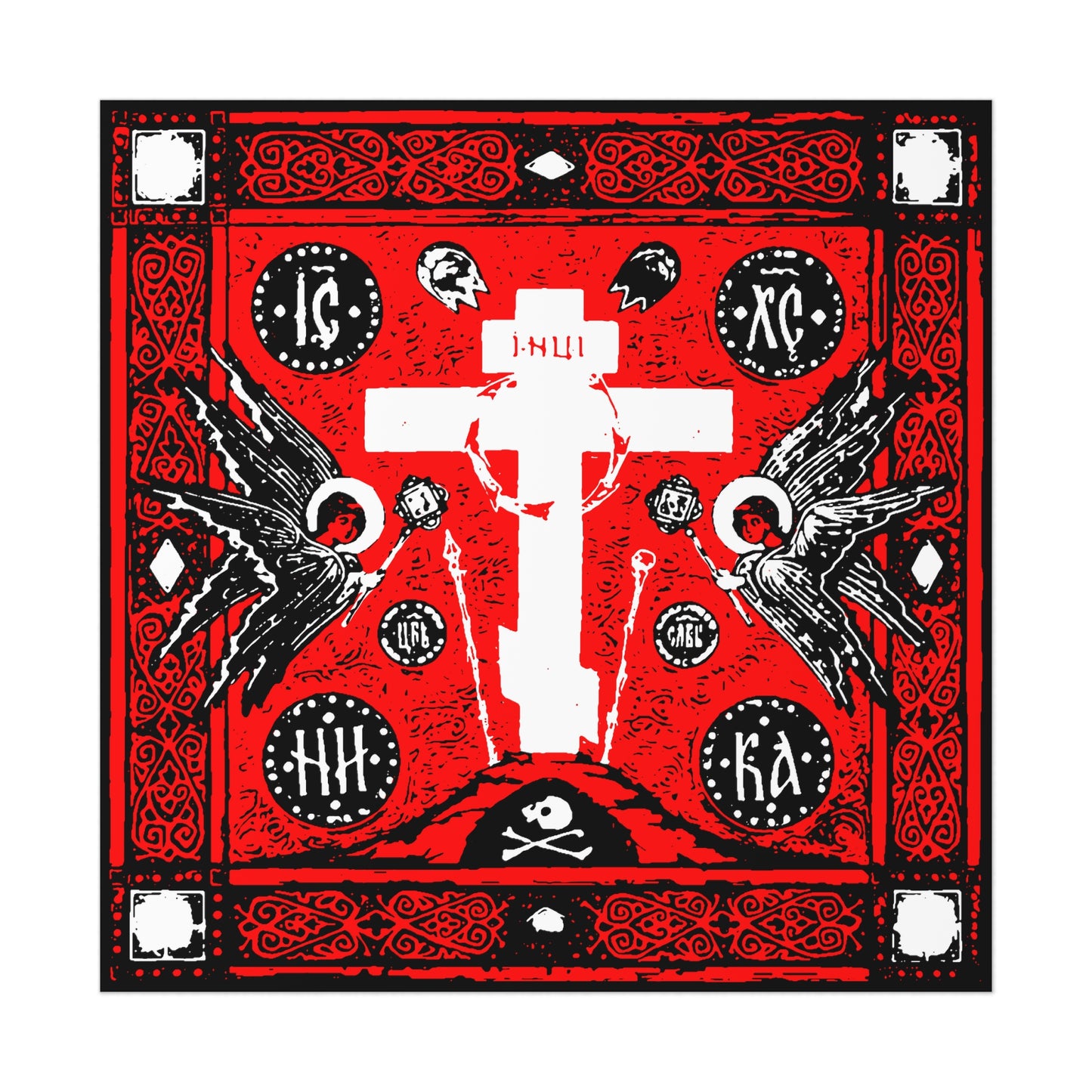 Adoration of the Holy Cross IconoGraphic | Striking Red White and Black Golgotha Design w/ Angels | Orthodox Christian Art Poster-16″ x 16″ (Square)-Uncoated-Remembrance of Death