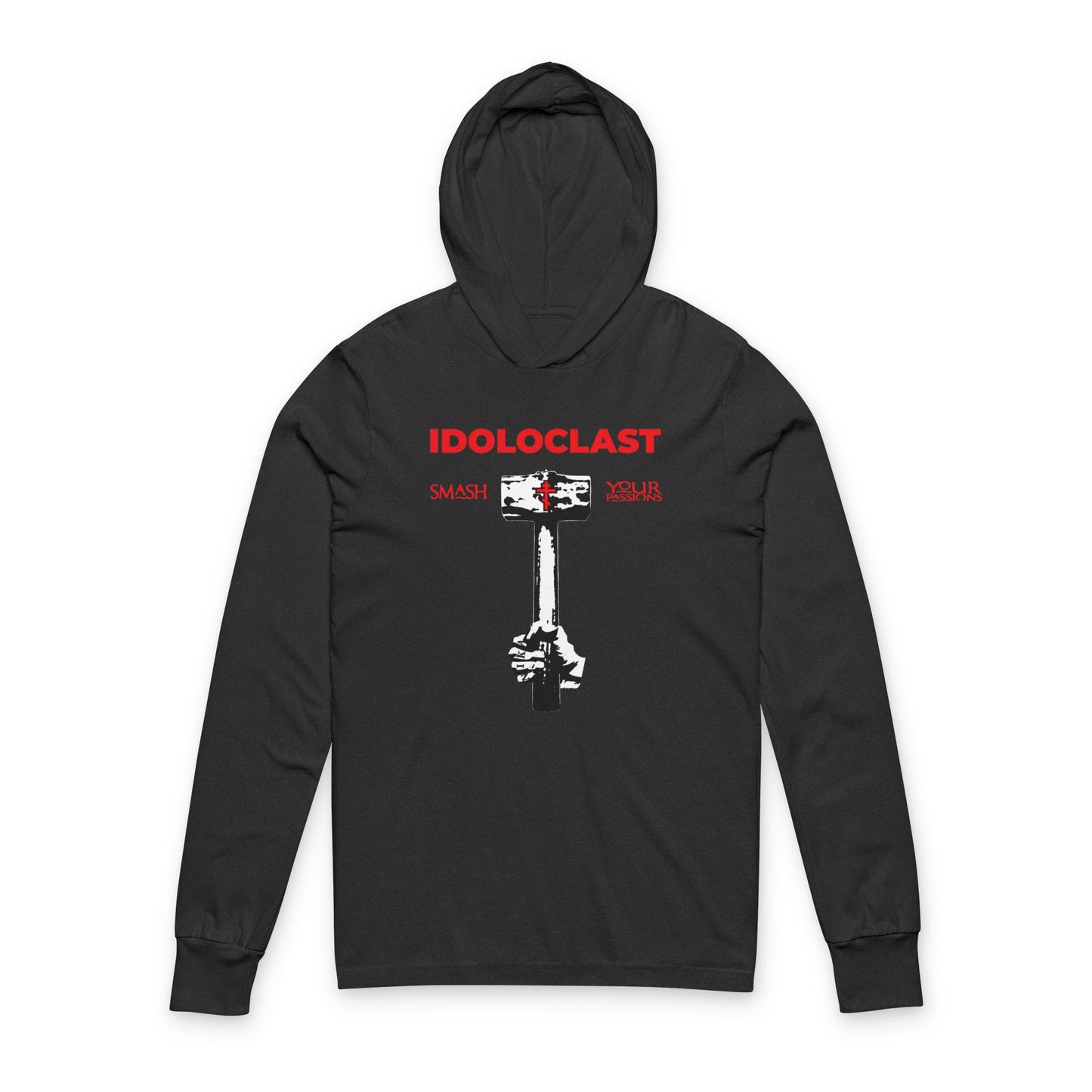 Charcoal Black TriBlend hoodie: Idoloclast Idol-Smasher features Jesus’ fist with sledgehammer graphic, red "IDOLOCLAST SMASH XOUS" text. Inspired by Christian asceticism and Orthodox faith; a bold statement of self-control.
