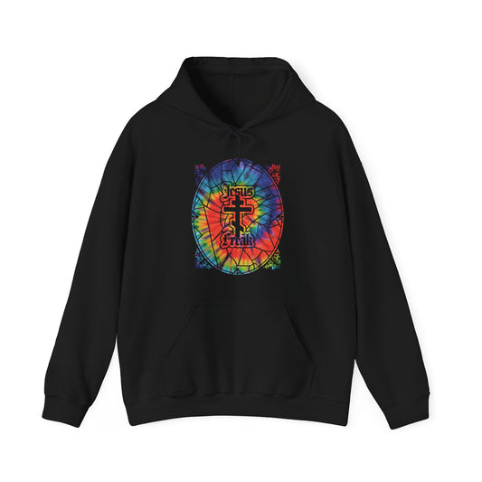 Black "Jesus Freak" hoodie with a vibrant tie-dye stained glass Orthodox cross, inspired by the 70s Jesus Movement. Bold, modern Christian style for believers and hippies alike.