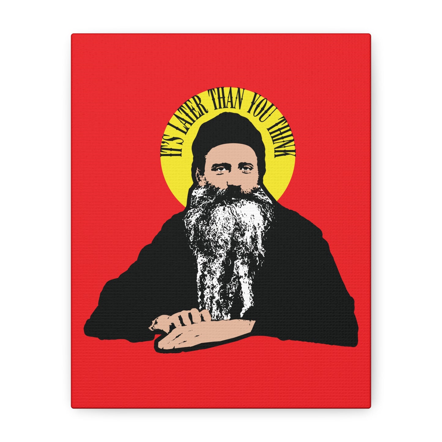Modern wall art featuring "It's Later Than You Think"—a Fr Seraphim Rose quote with a yellow halo, inspired by American Orthodox Christian saints. Striking illustration for Orthodox Christian decor.