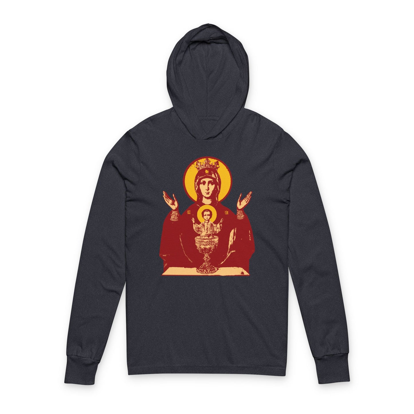 Heather Navy hooded shirt featuring the Holy Theotokos IconoGraphic “Inexhaustible Chalice,” revered in Orthodox Christianity as a deliverer from addictions and conqueror of passions.