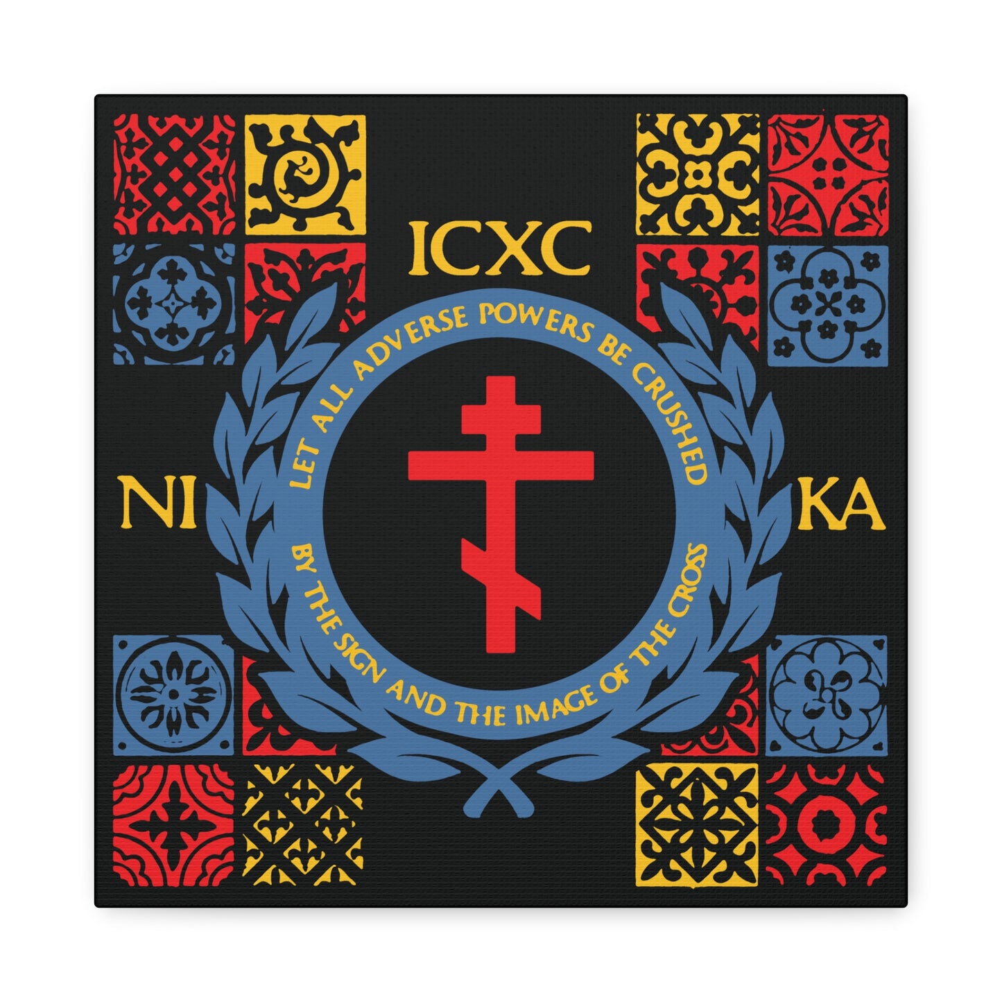 Let All Adverse Powers Be Crushed (Red, Yellow & Blue Design) | ICXC NIKA | Medieval Tile Design | Orthodox Christian Canvas Art