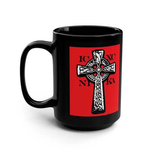 Black mug featuring the ICXC NIKA Celtic Knotwork Cross in black and white on a vivid red background, with Greek letters for "Jesus Christ Conquers." Traditional Orthodox Christian design.