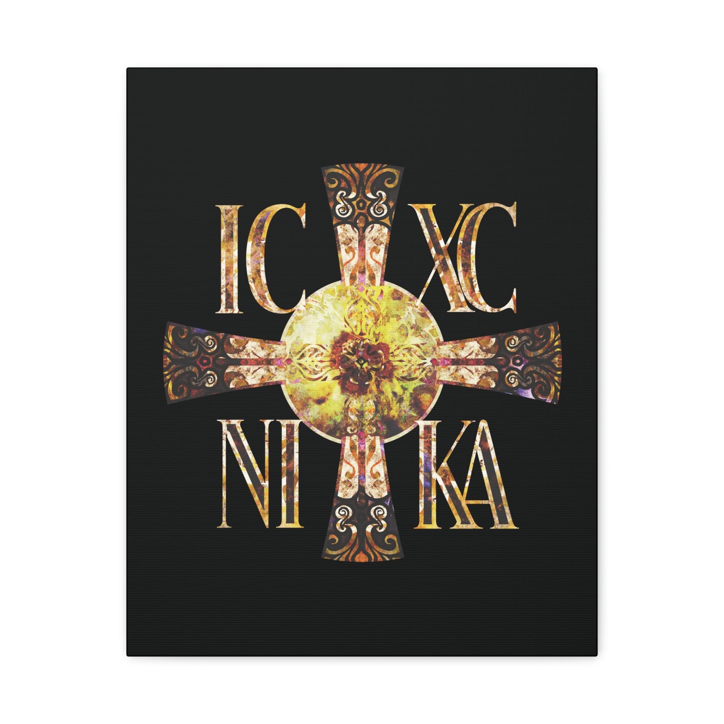 ICXC NIKA Celtic Style Equal Armed Cross | Bright Solar Texture | Orthodox Christian Canvas Art