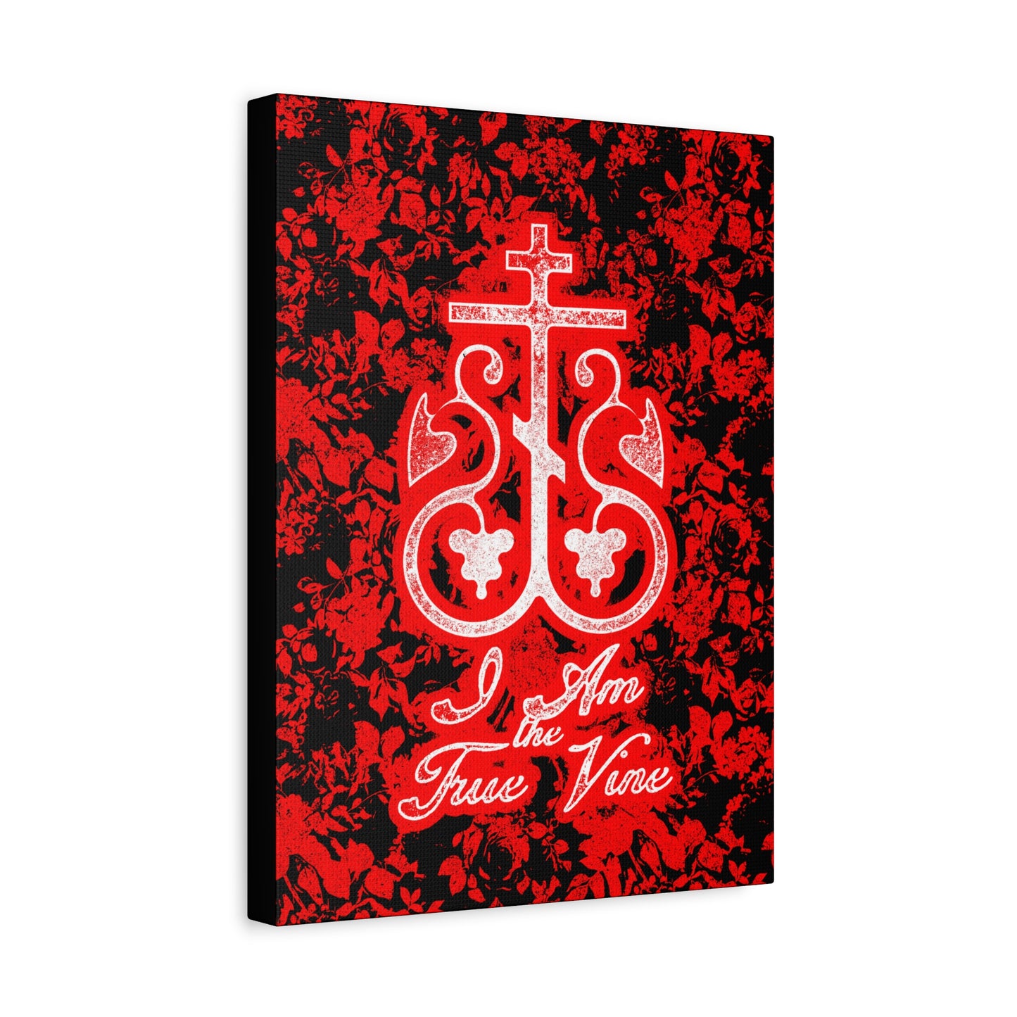 I Am the True Vine (John 15:1) | Orthodox Cross Vine Monogram | Red and Black Floral Design | Orthodox Christian Canvas Art