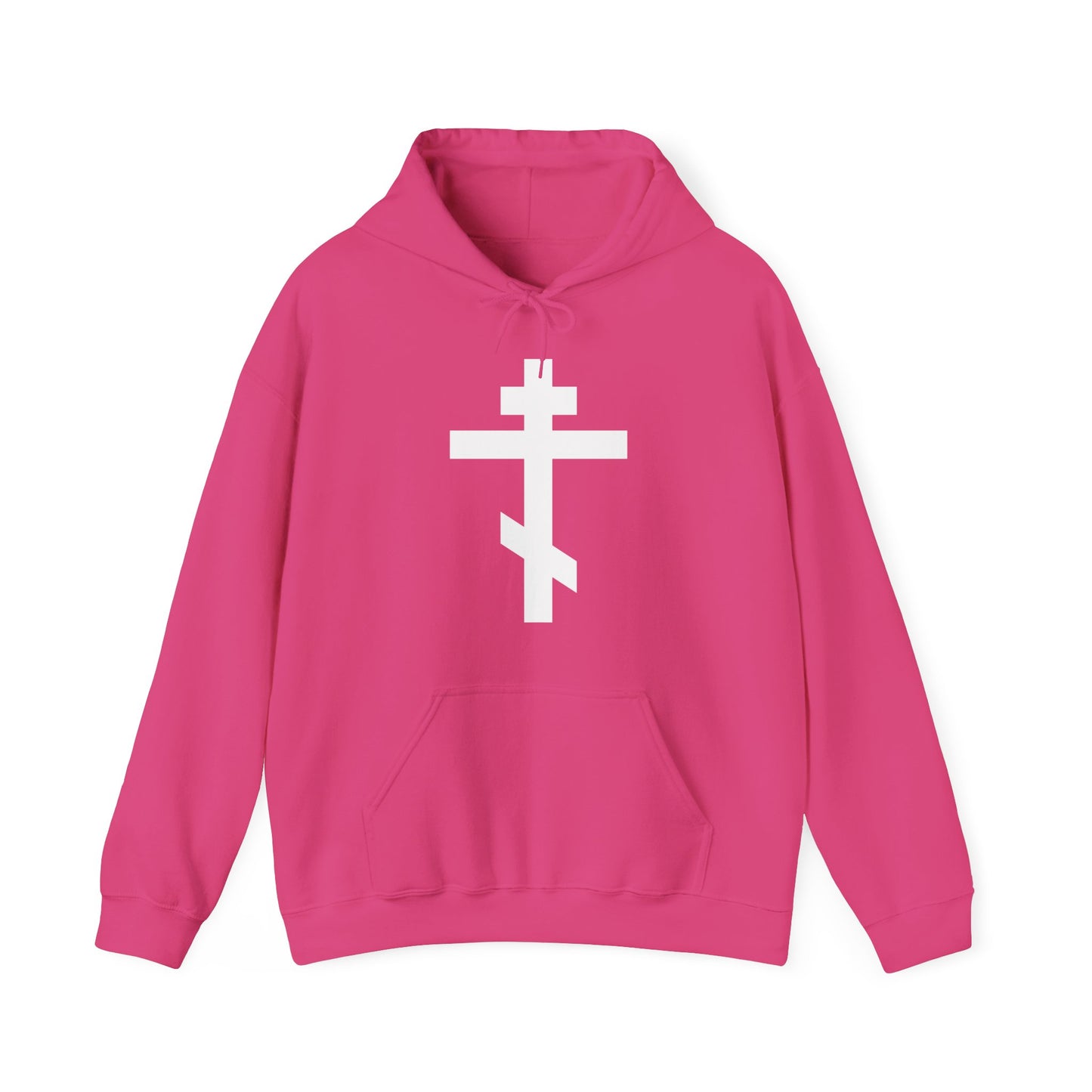 Heliconia hoodie featuring a large white Orthodox cross and the quote "May I never boast, except in the cross of our Lord Jesus Christ" (Gal 6:14)—an Orthodox Christian hoodie inspired by faith.
