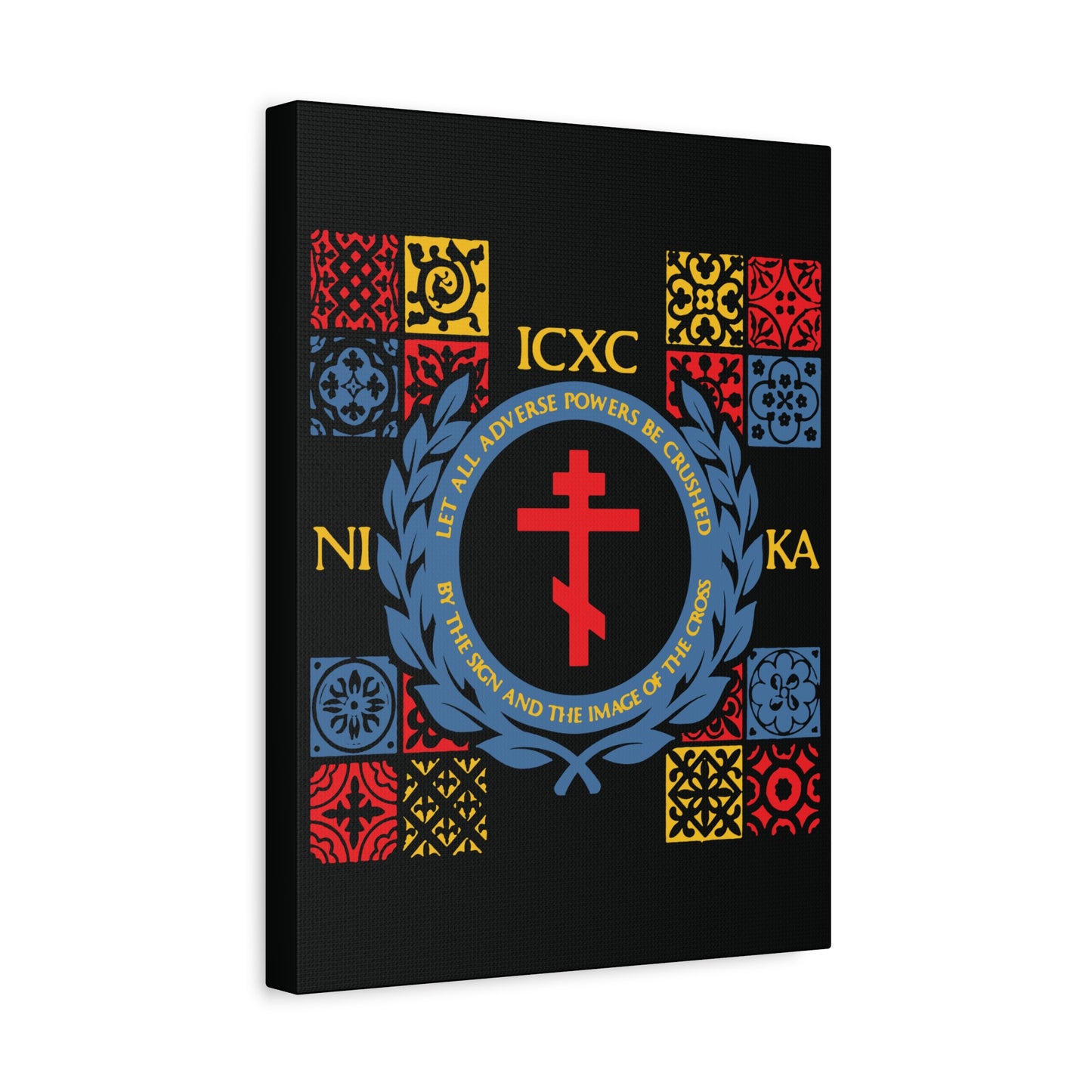 Let All Adverse Powers Be Crushed (Red, Yellow & Blue Design) | ICXC NIKA | Medieval Tile Design | Orthodox Christian Canvas Art