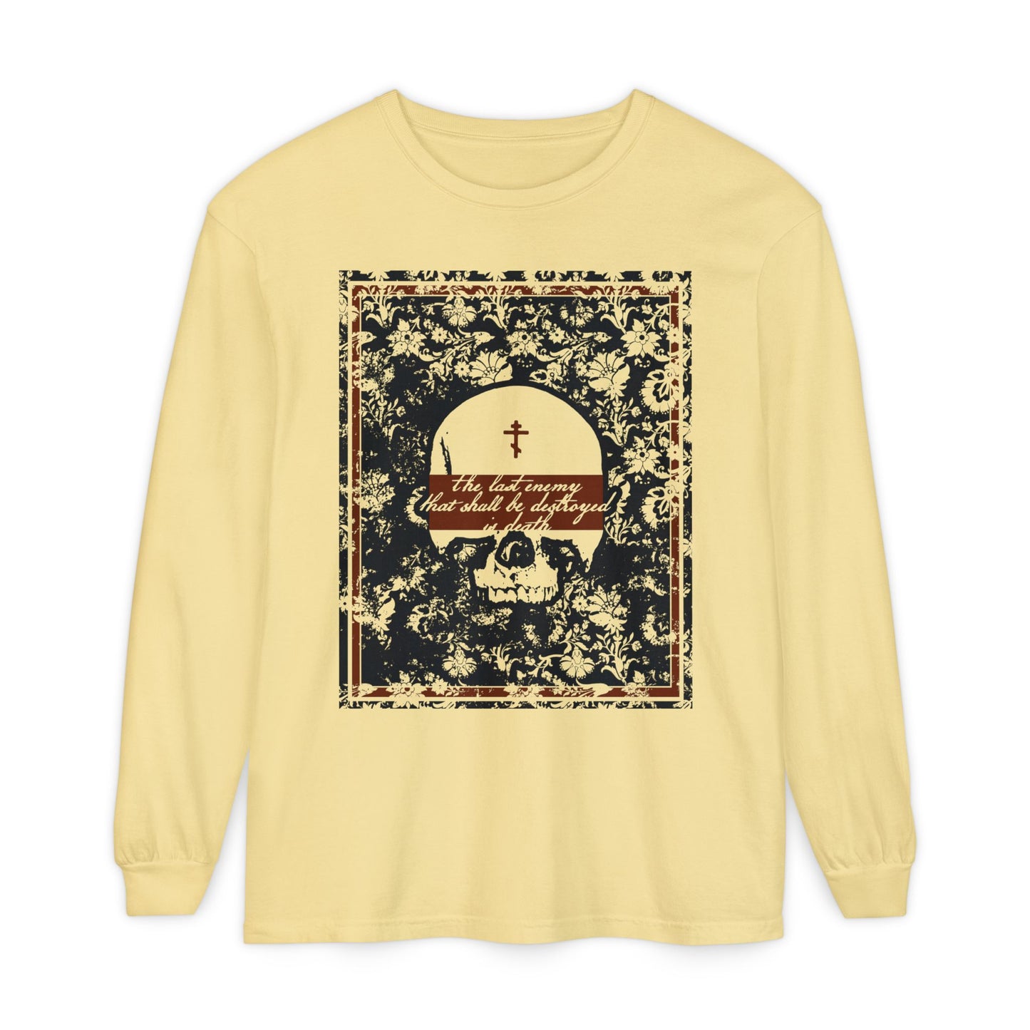 The Last Enemy That Shall Be Destroyed is Death (1 Cor 15:26) | Earthtone Skull and Floral Design | Resurrection | Orthodox Christian Cotton Long Sleeve Shirt