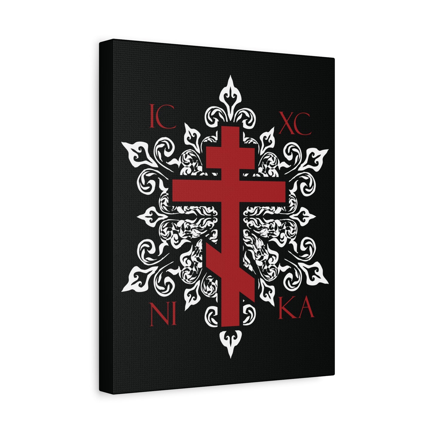 ICXC / NIKA Red Orthodox Cross on Ornate White Medieval Floral Design | Exclusive Best-Selling | Orthodox Christian Canvas Art