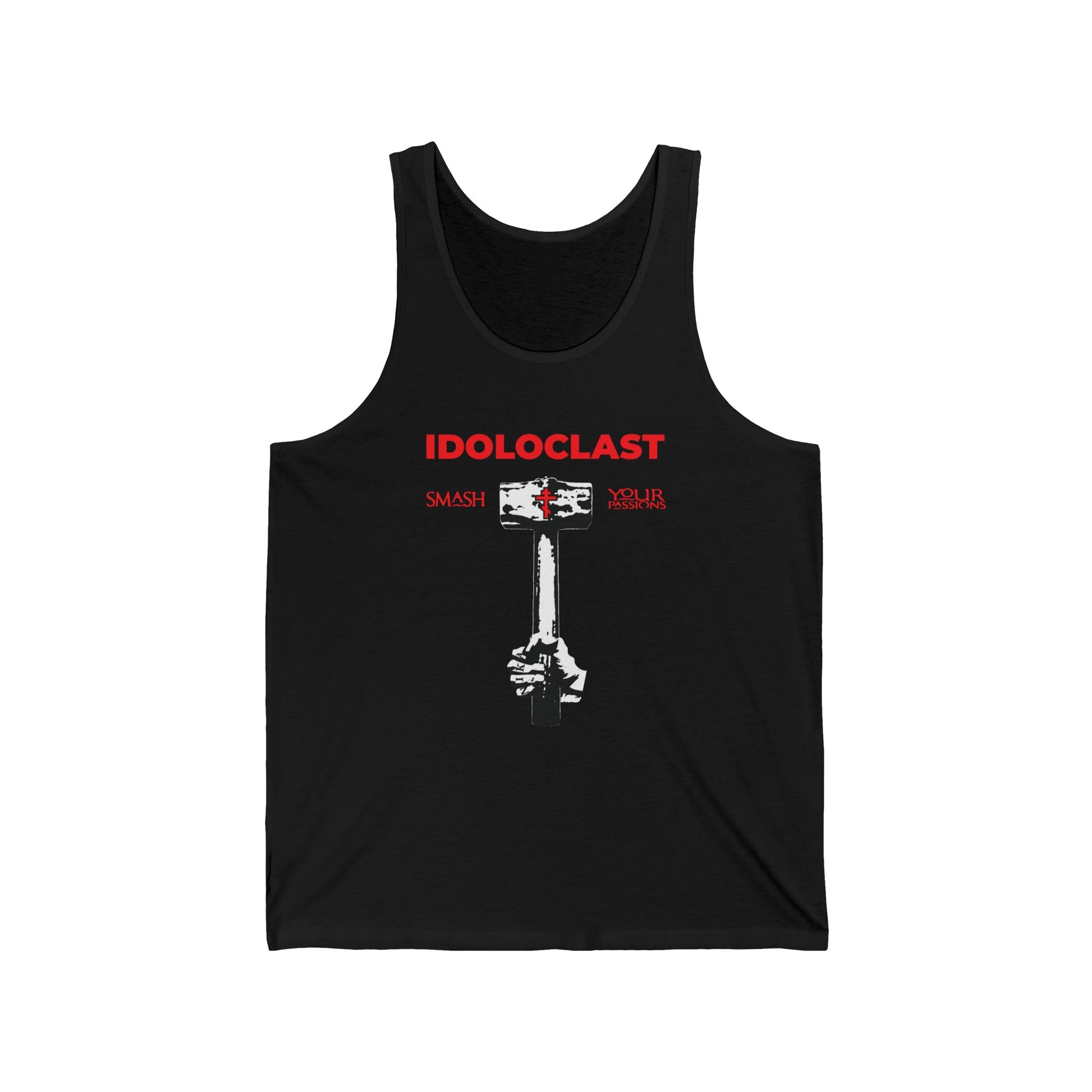 Black “Idoloclast Idol-Smasher” tank top with Jesus fist holding a sledgehammer and red “Smash Your Passions” text, inspired by Orthodox Christian asceticism.