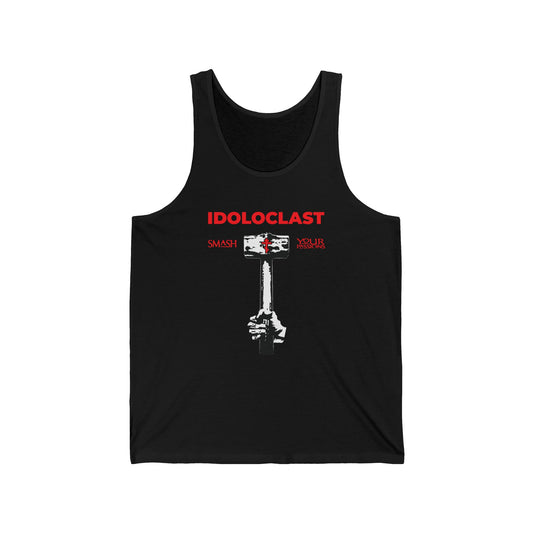 Black “Idoloclast Idol-Smasher” tank top with Jesus fist holding a sledgehammer and red “Smash Your Passions” text, inspired by Orthodox Christian asceticism.
