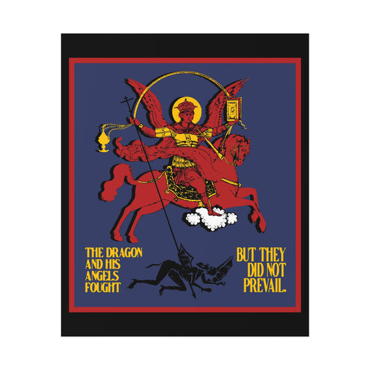 Archangel Michael of the Apocalypse IconoGraphic (Revelation 12:7-8) | Red Angel and Horse on Blue Background | Orthodox Christian Art Poster