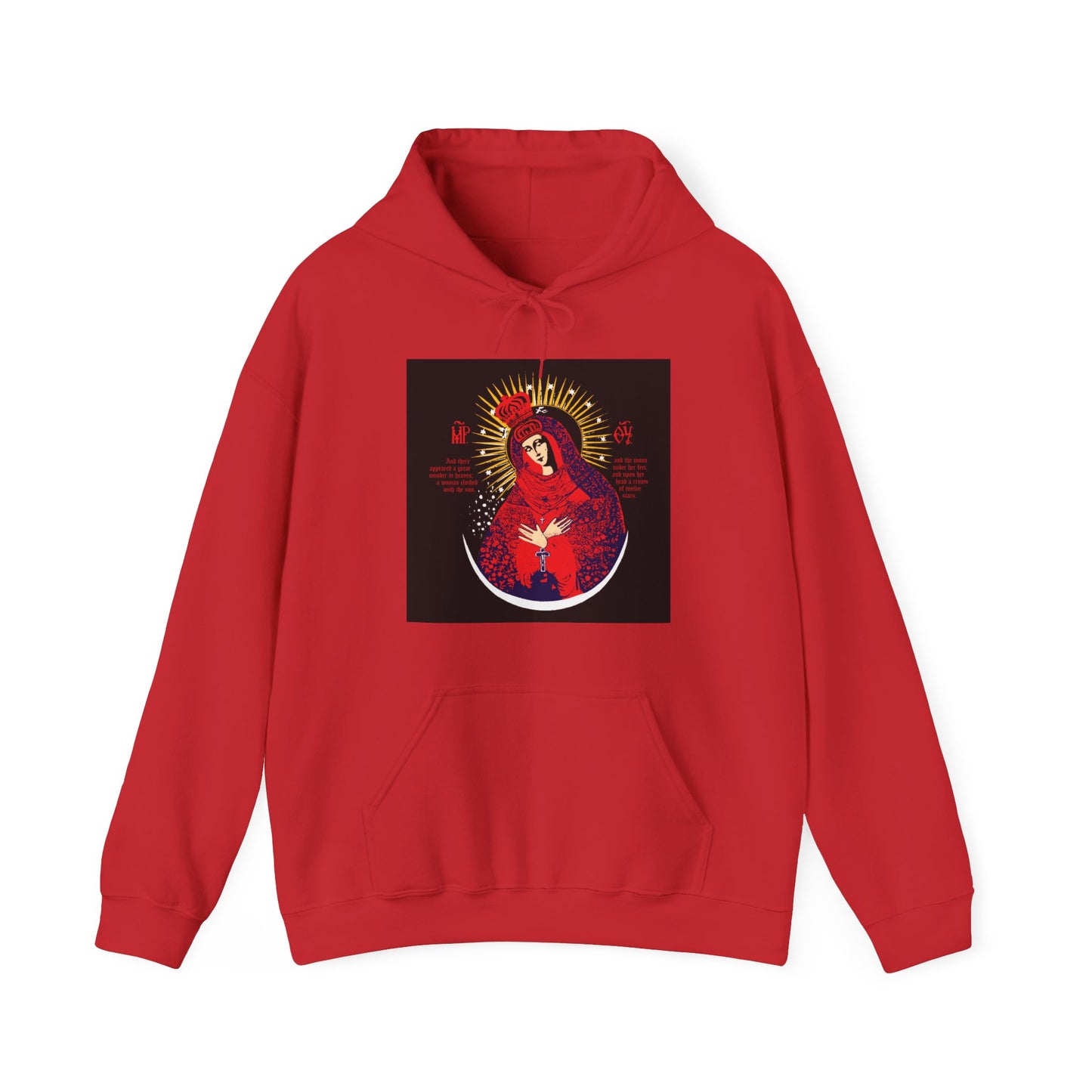 Red hoodie featuring the Our Lady the Gate of Dawn iconic graphic, with vibrant red, blue, and gold design inspired by the Vilnius icon, golden rays and Theotokos crowned Orthodox Christian motif on the front.