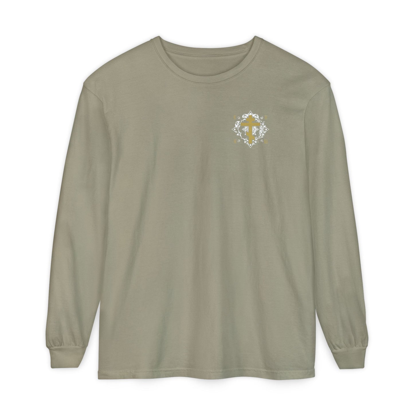 Gold Orthodox Cross ICXC NIKA  (Small Design) | White Medieval Ornate Floral Pattern | Jesus Christ Conquers | Christian Long Sleeve