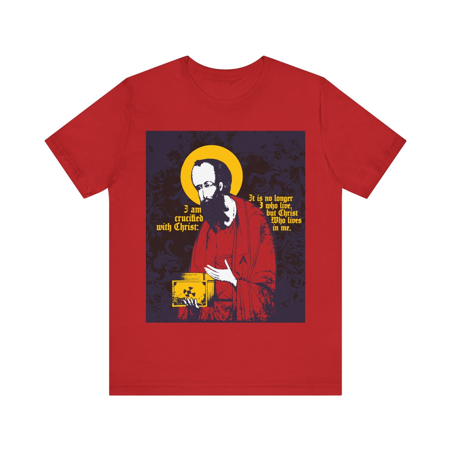 Red St Paul Holding Gospel Iconographic T-shirt with "I am crucified with Christ" and Galatians 2:20 verse; an Orthodox Christian tee symbolizing new life in Christ.