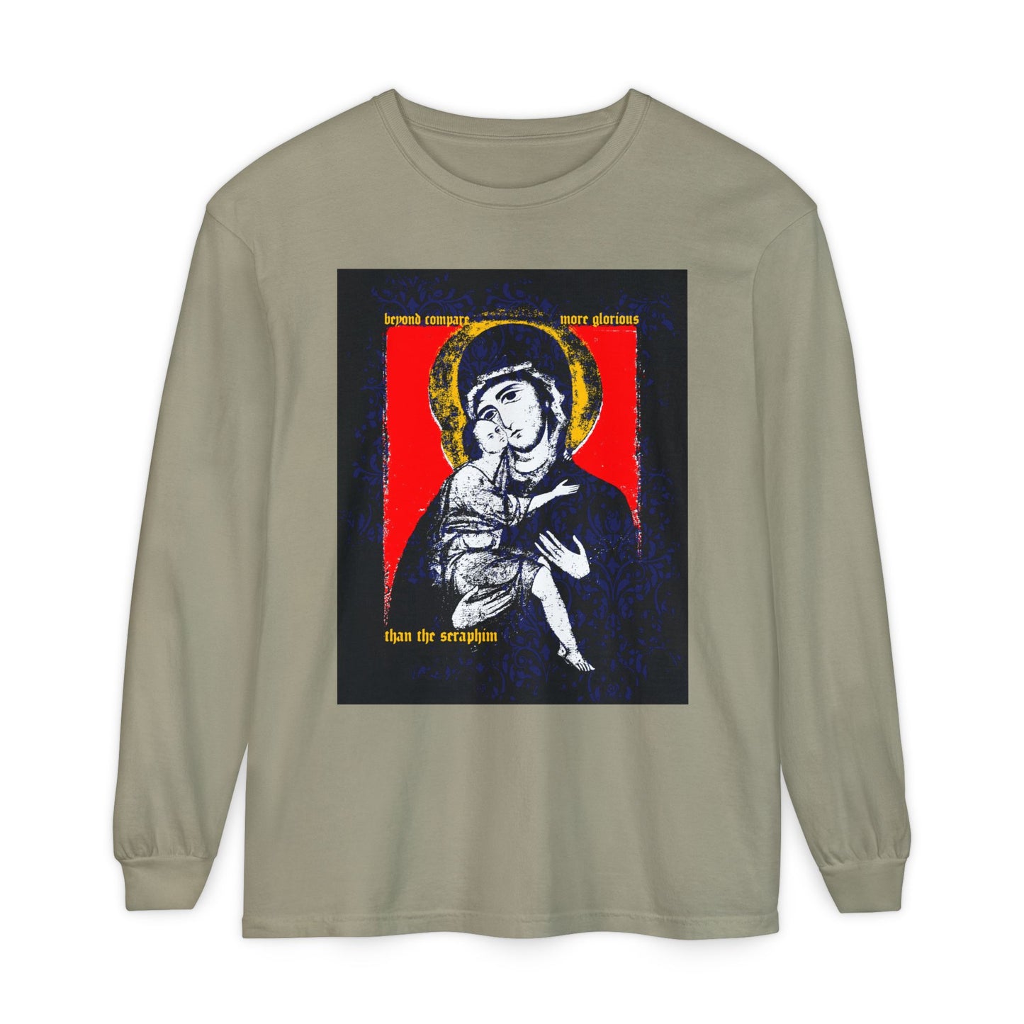 Beyond Compare More Glorious Than the Seraphim | Vladimir Theotokos Iconographic | Orthodox Christian Long Sleeve Shirt