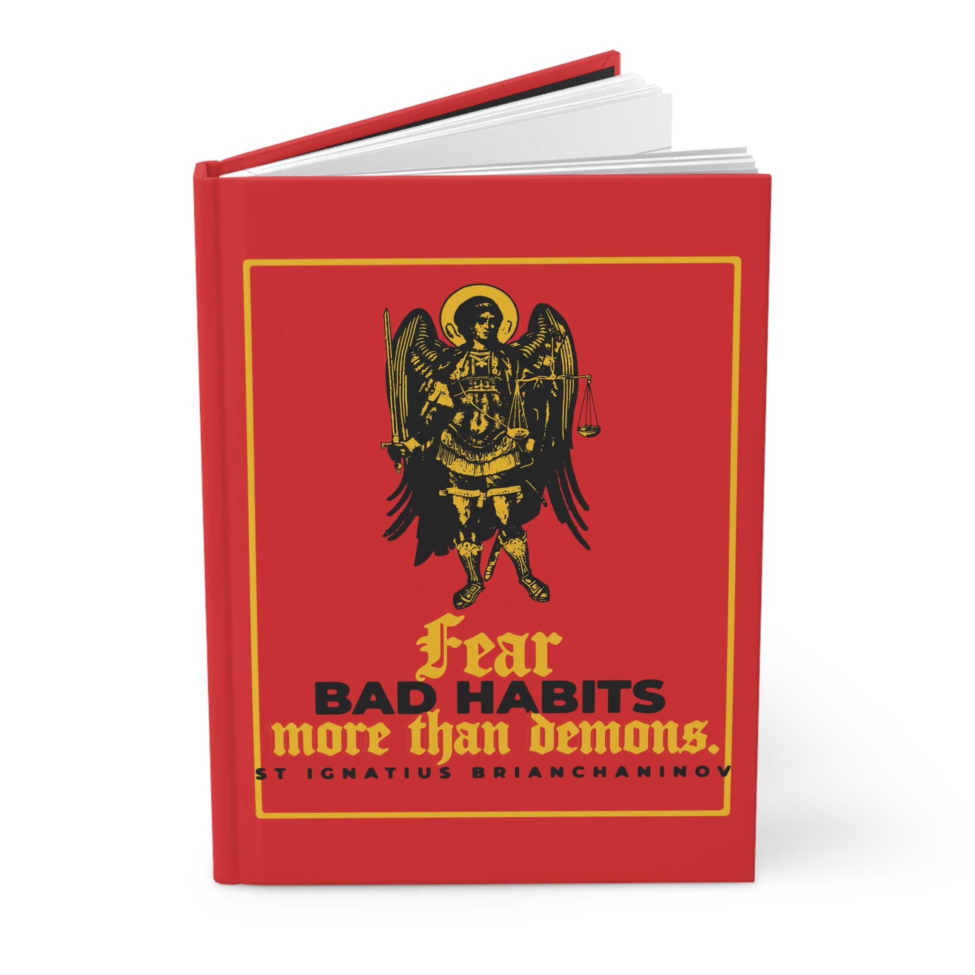 The "Fear Bad Habits More Than Demons (St Ignatius Brianchaninov) No. 1" hardcover journal features a red cover with an angel illustration and inspiring Orthodox Christian wisdom on conquering inner struggles.