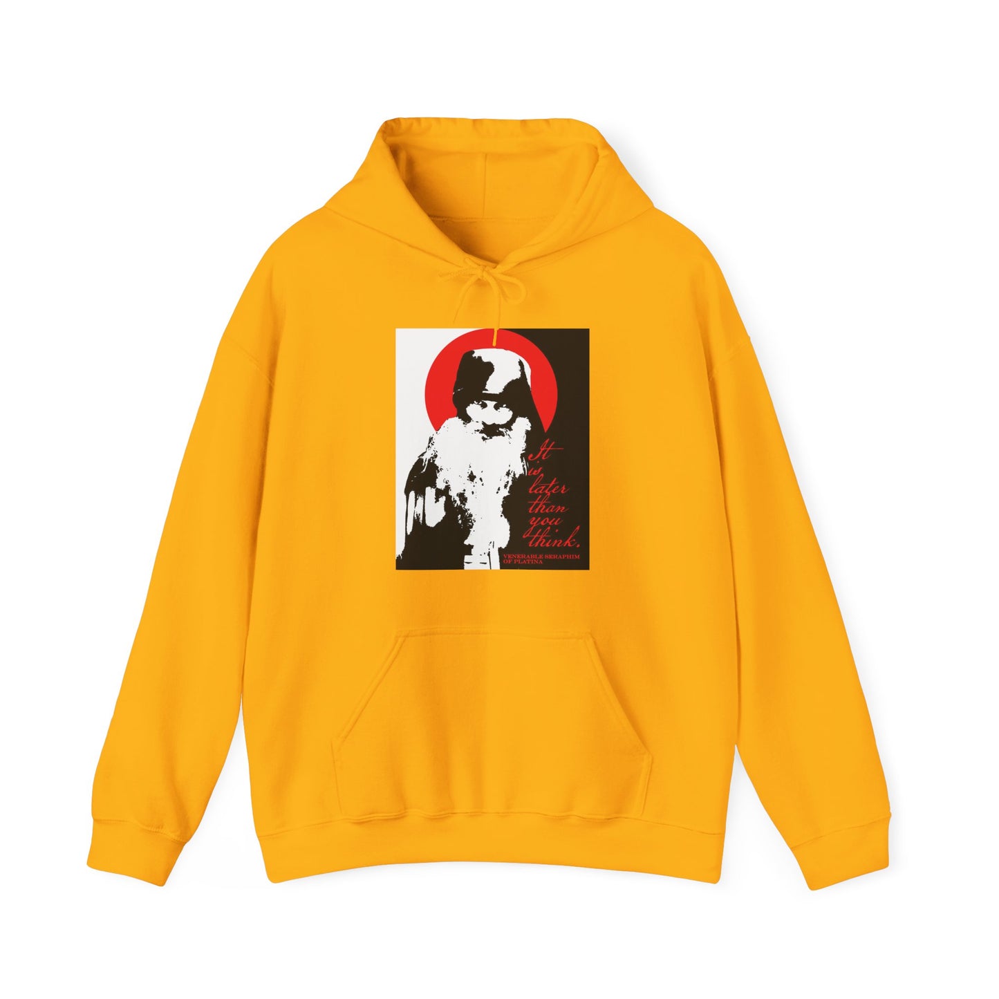 The Remembrance of Death "It's Later Than You Think" hoodie features Fr Seraphim Rose in black/white with a red halo and text, front pocket, and drawstring hood. Inspired by modern Orthodox saints and Memento Mori literature.