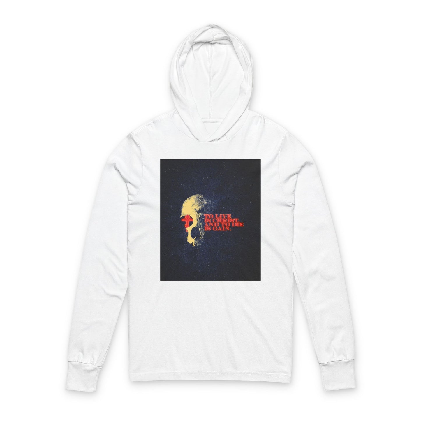 To Live is Christ and to Die is Gain | Phil 1:21 | Retro Texture | Glowing Letters and Cross with Skull | Orthodox Long Sleeve Hooded Shirt