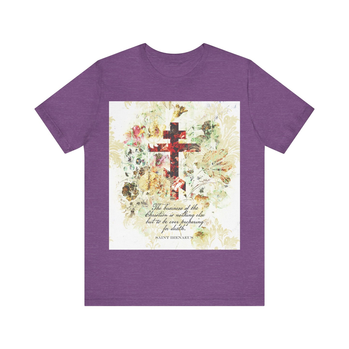 Heather Team Purple t-shirt featuring a white & beige floral scrapbook texture cross and inspirational St Irenaeus text, in an arts & crafts style, inspired by Orthodox Christian writings.