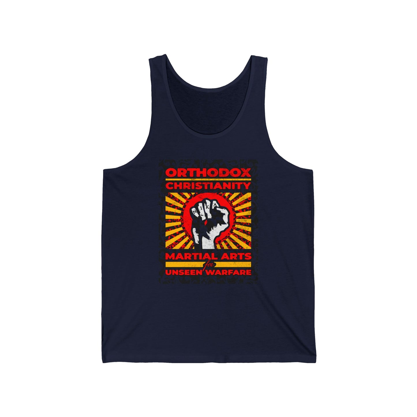Orthodox Christianity: Martial Arts for Unseen Warfare | NIKA Jesus Fist on Colorful Sunburst Design | Orthodox Christian Jersey Tank Top